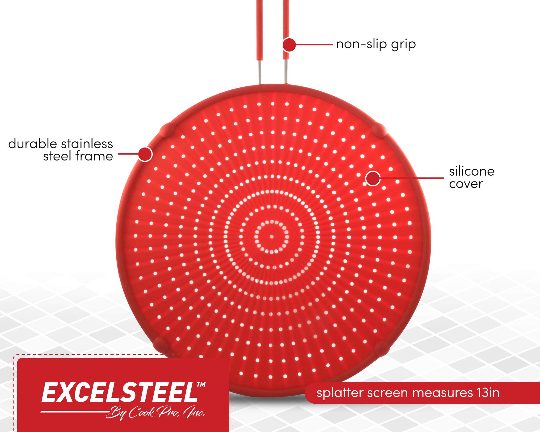 ExcelSteel 13'' Silicone Splatter Screen w/Non-Slip Grip  Red