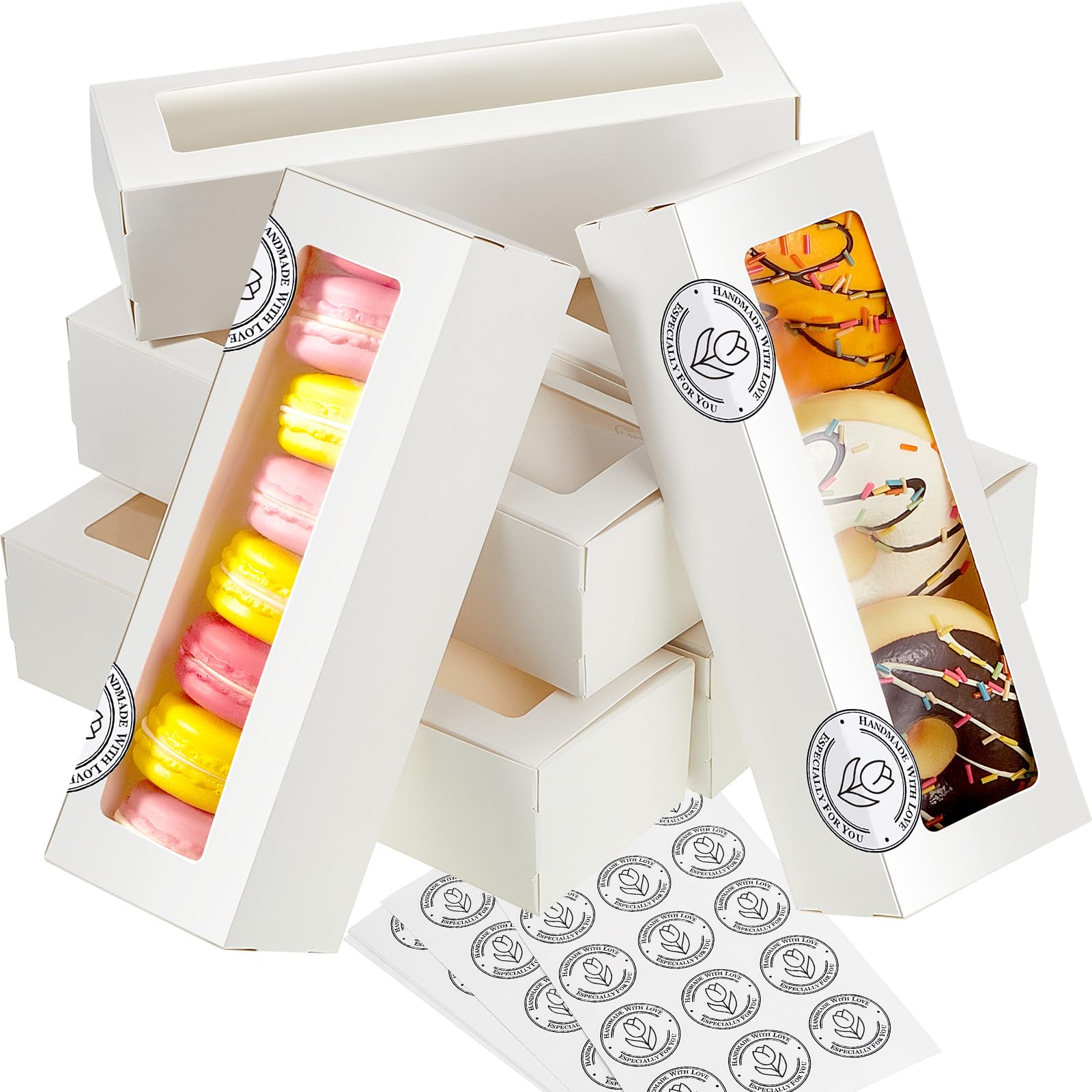 Sherr 100 Pcs White Macaron Boxes with Window Bakery Boxes with 200 Pcs Stickers Long Rectangle Treat Containers for Cookies, Do