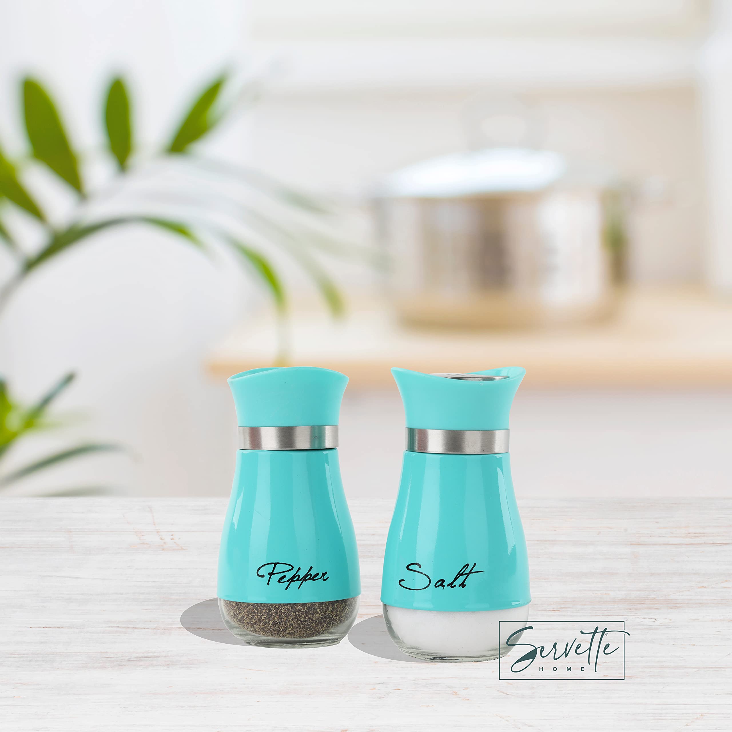 Servette Home Salt & Pepper Shakers - Aqua Glass With Stainless Steel Accents