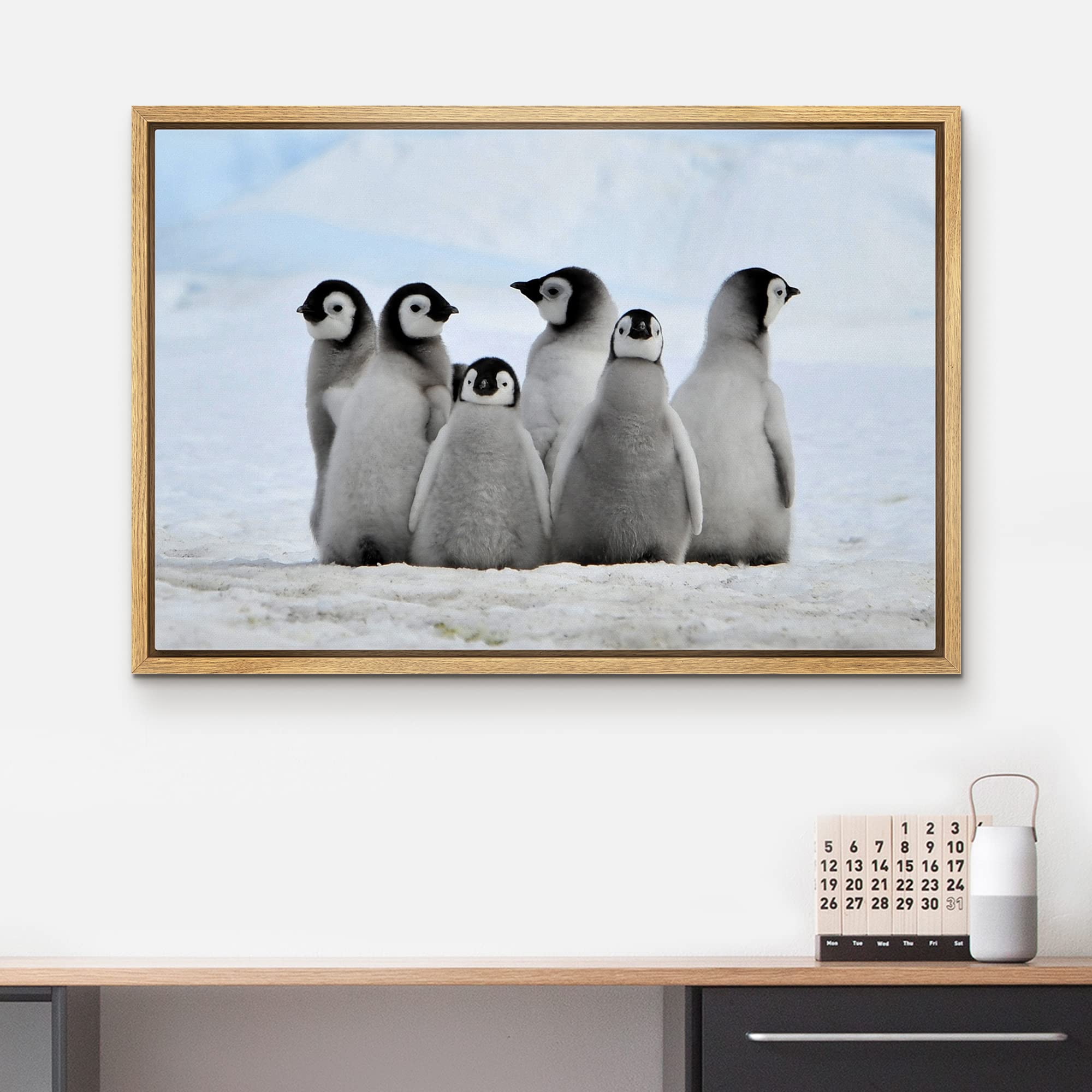 Wall26 - Framed Canvas Wall Art - Little Penguins - Giclee Print Gallery Wrap Modern Home Art Ready To Hang - 16''X24'' Natural