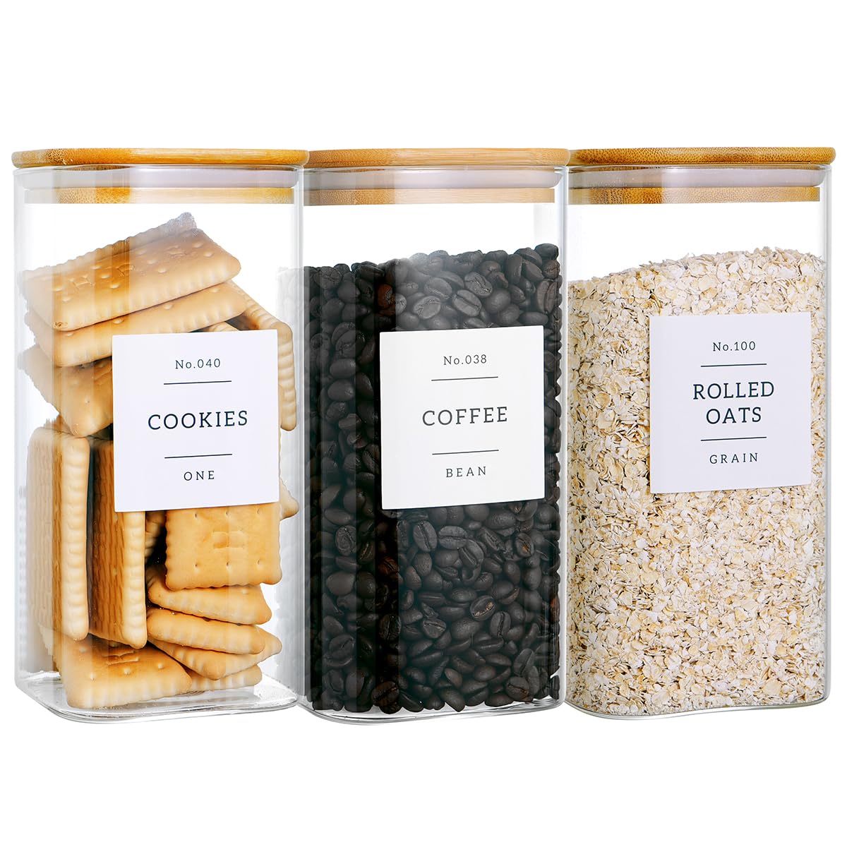 CZZGSM 3 Pack Square Glass Kitchen Storage Jars with Airtight Bamboo Lids and 132 Pantry Labels - 54oz Glass Canisters with Wood
