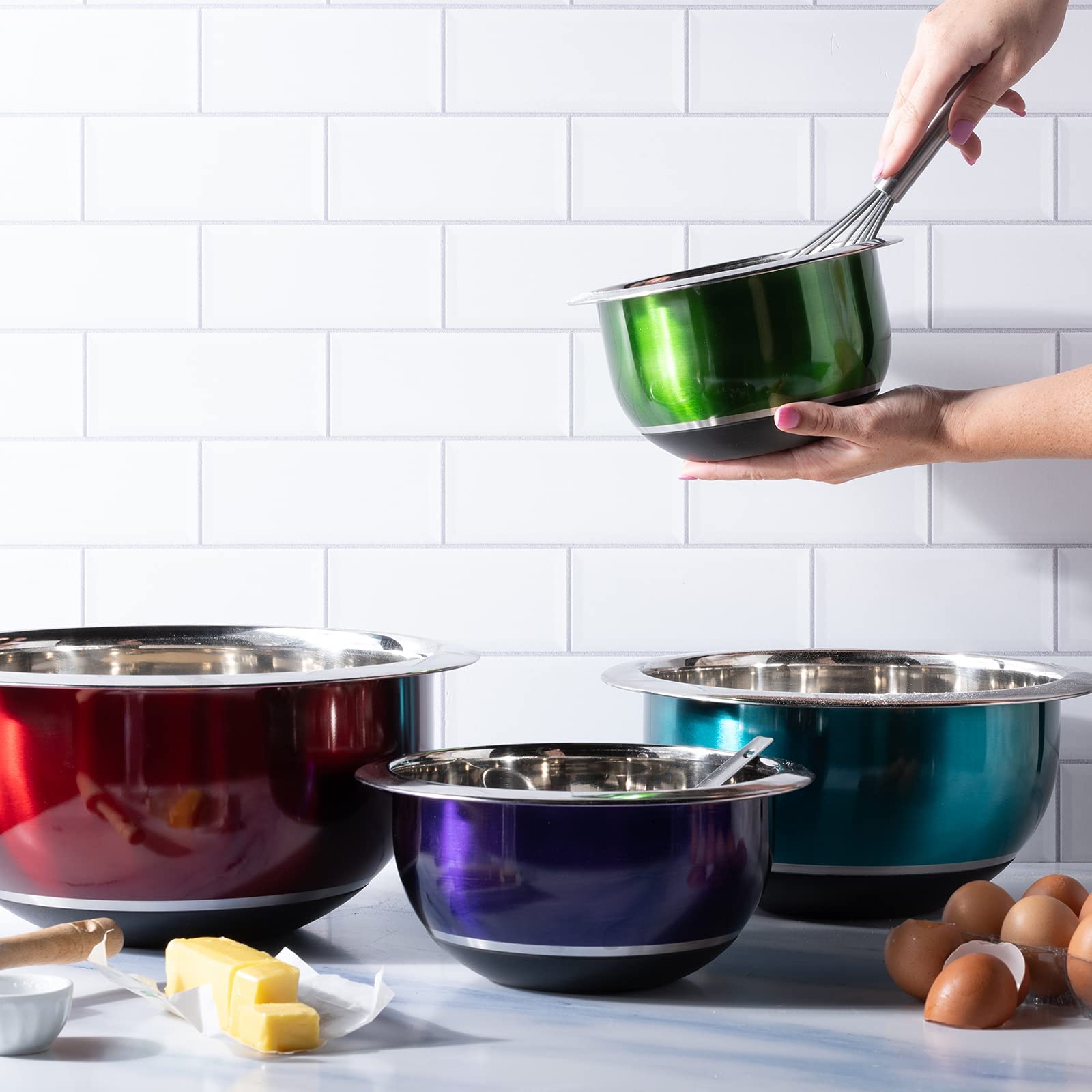 Colleta Home Colorful Mixing Bowl- 4 Pc Set- Stackable Nesting Bowls- Stainless Steel Mixing Bowls Non Slip Silicone Bottom- Coo