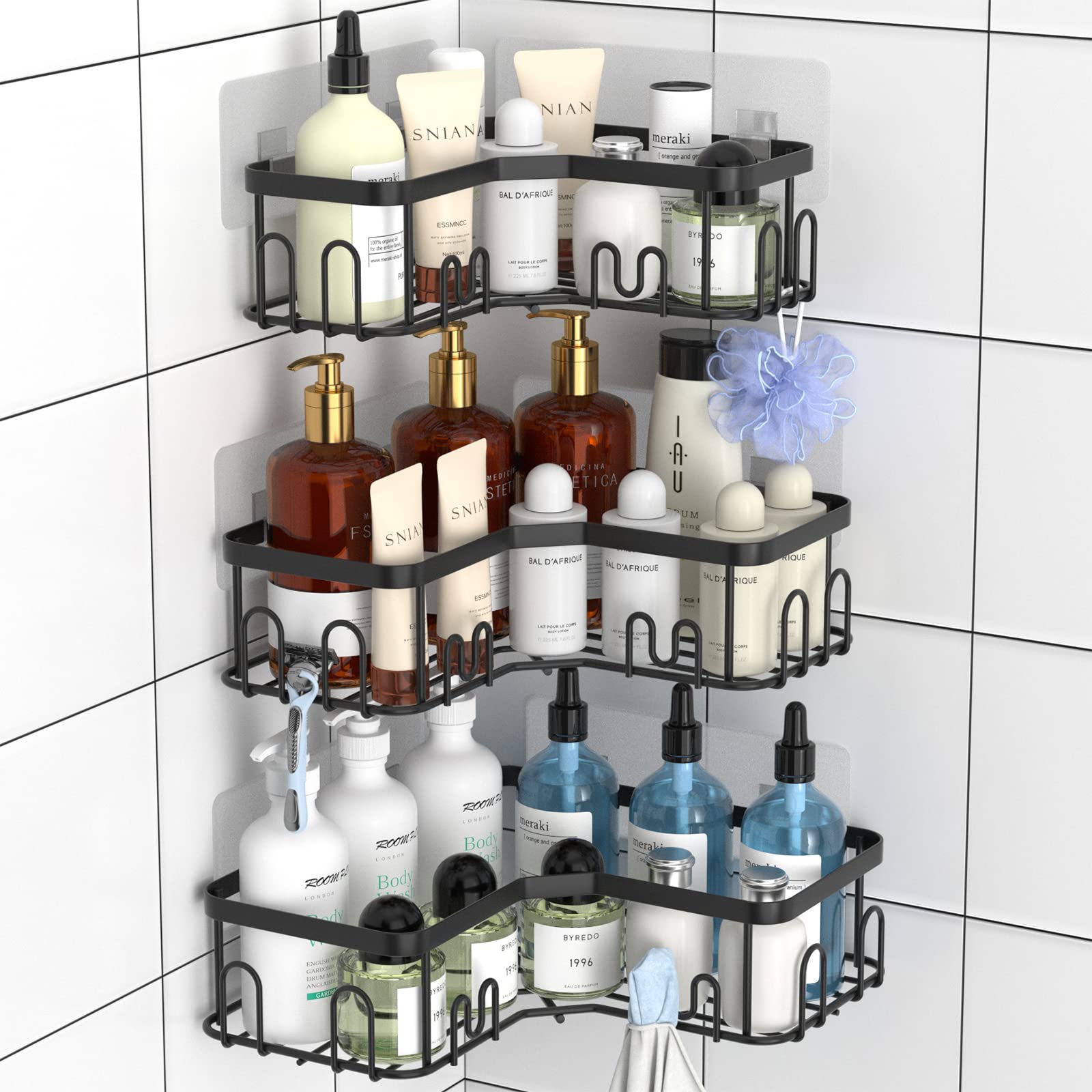 Menbyci 3 Pack Corner Shower Caddy, Stainless Steel Corner Shower Shelf with 18 Hooks, Adhesive Shower Shelves Shower Organizer 
