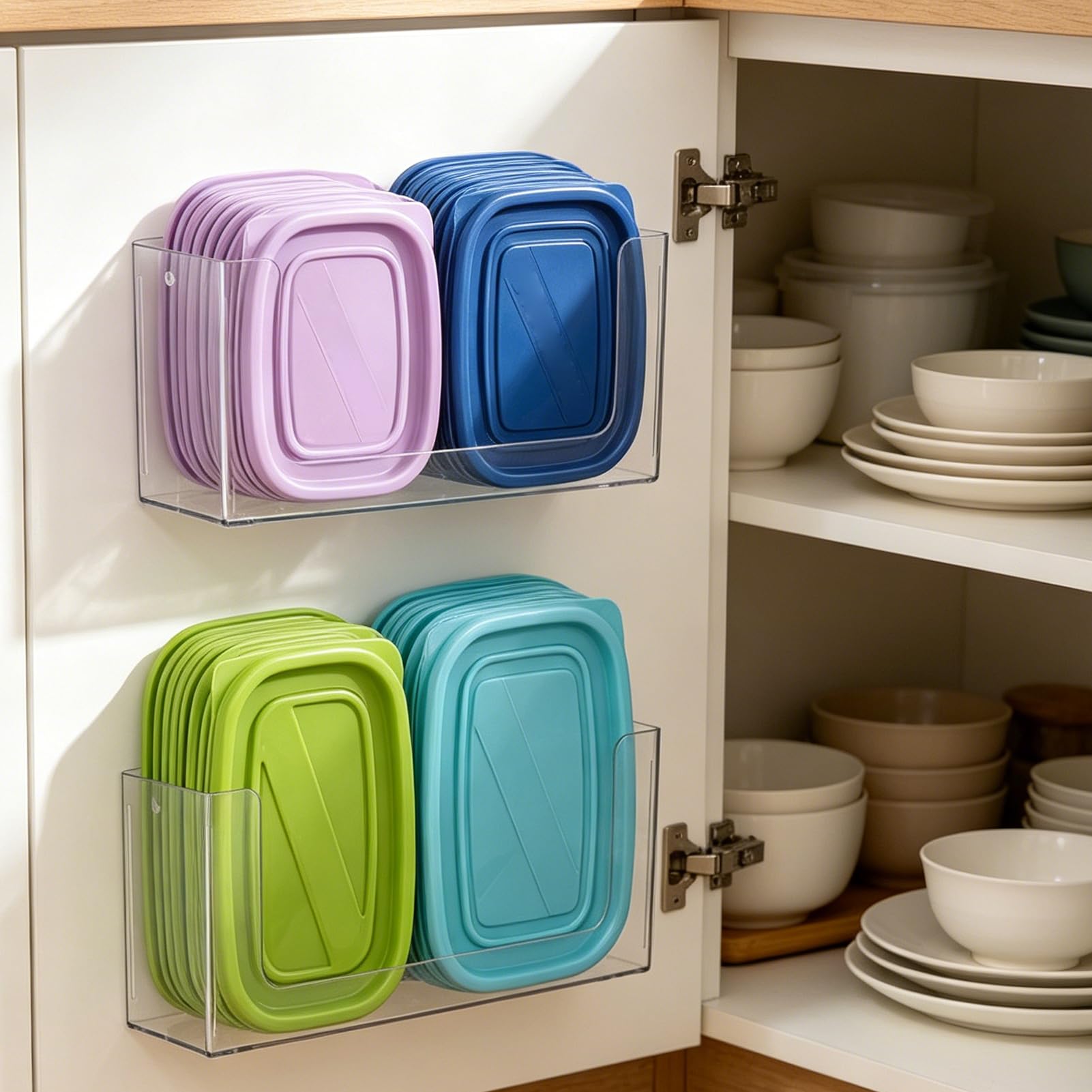 Rainmae 2 Pack Cabinet Door Organizer, Lid Organizer Inside Cabinet Wall Mounted Plastic Storage Box Stackable Under Sink Lunchb