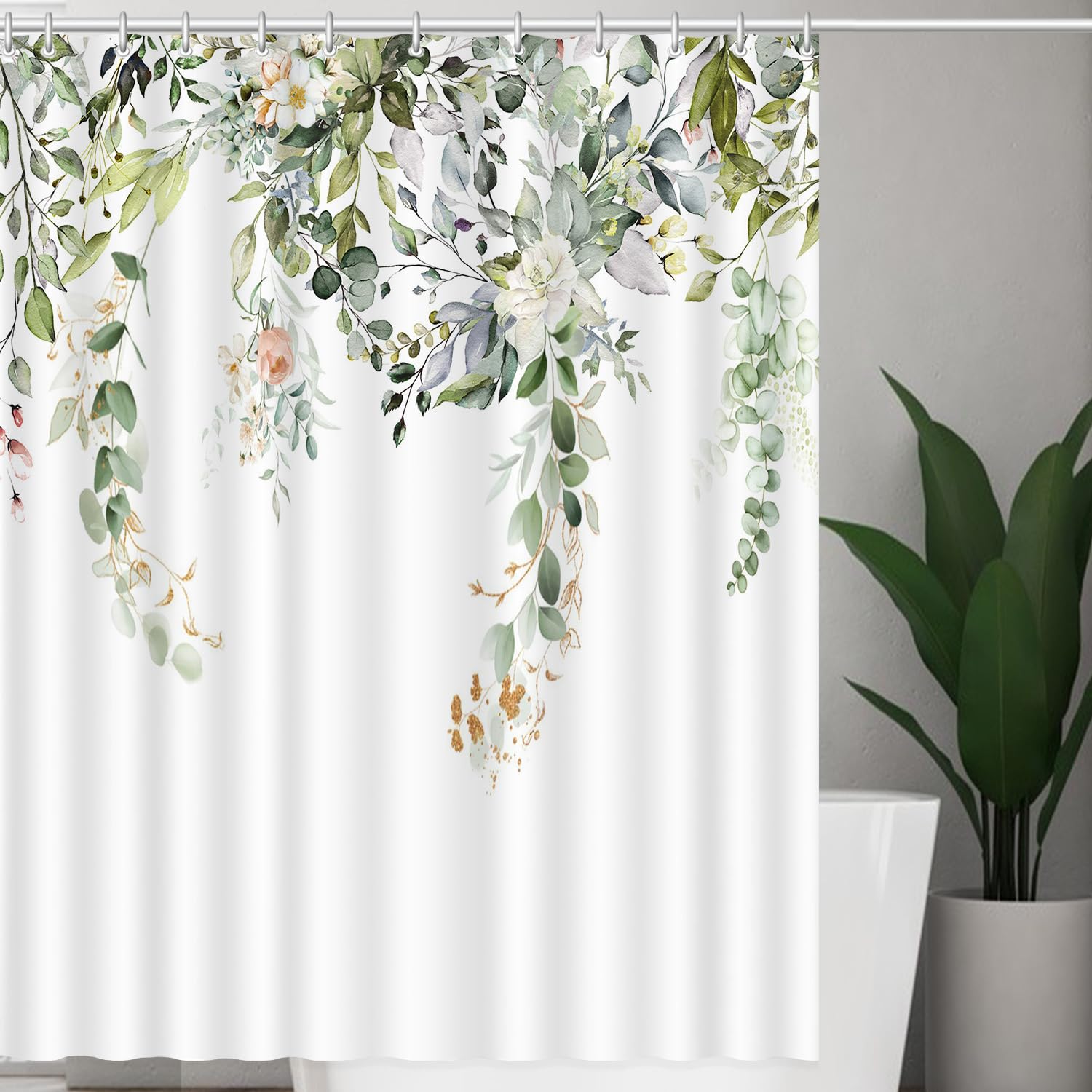 Romantic Angels Sage Green Shower Curtain Watercolor Eucalyptus Shower Curtain Leaves Botanical Floral Flower Fabric Bathroom Cu