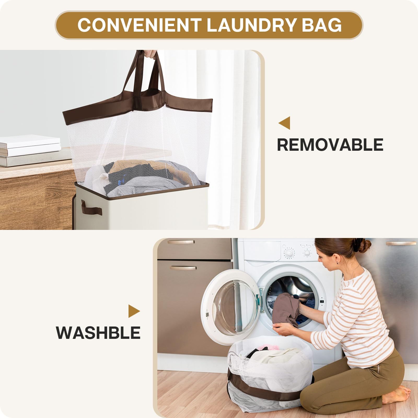 SOLEDI Laundry Hamper with Lid - 100L XL - Large Laundry Basket with Removable Bag  Collapsible Laundry Baskets  Convenient Storage - Hampers for Laundry for Bedroom  Bathroom  Closet  Dorm  Off-White
