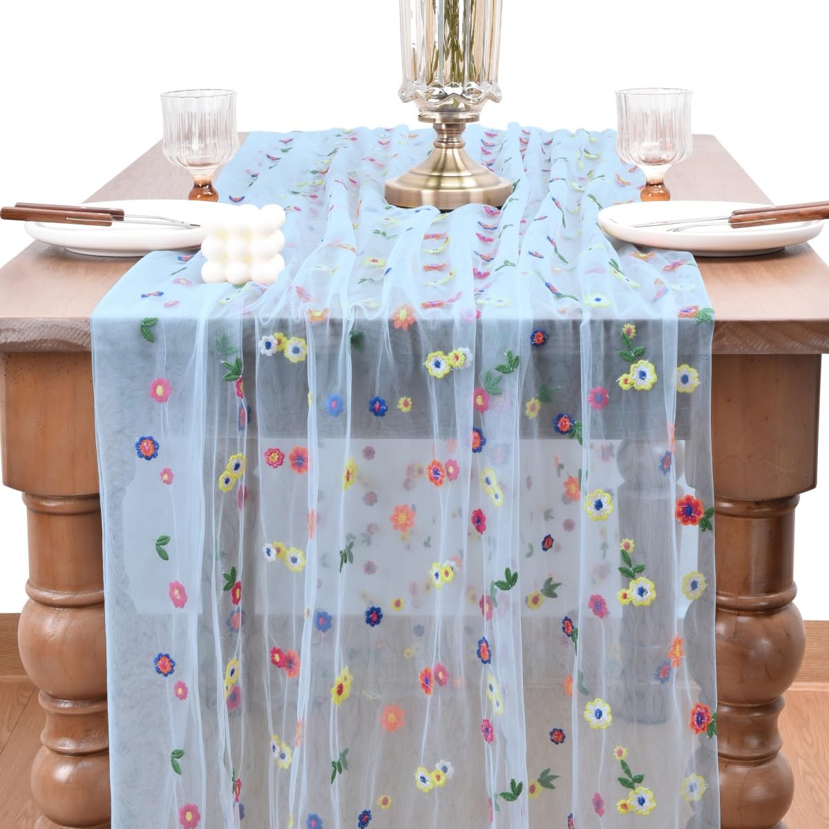 Joanlody 3pcs Blue Embroidery Daisy Fall Thanksgiving Table Runner Florals Seasonal Tulle Table Runner Holiday Kitchen Dining Ta
