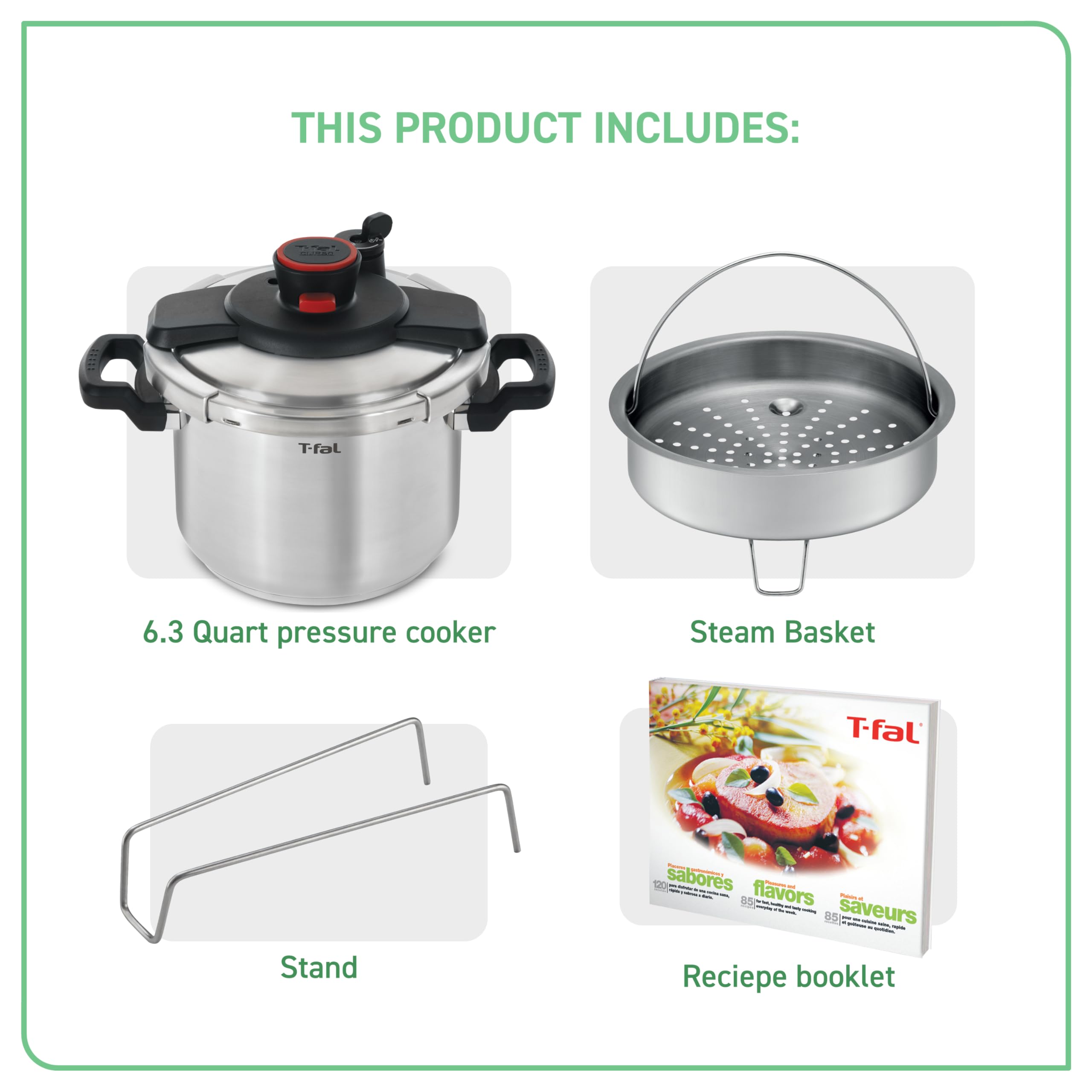 T-fal Clipso Stainless Steel Pressure Cooker 6.3 Quart Induction Cookware, Pots and Pans, Dishwasher Safe Silver