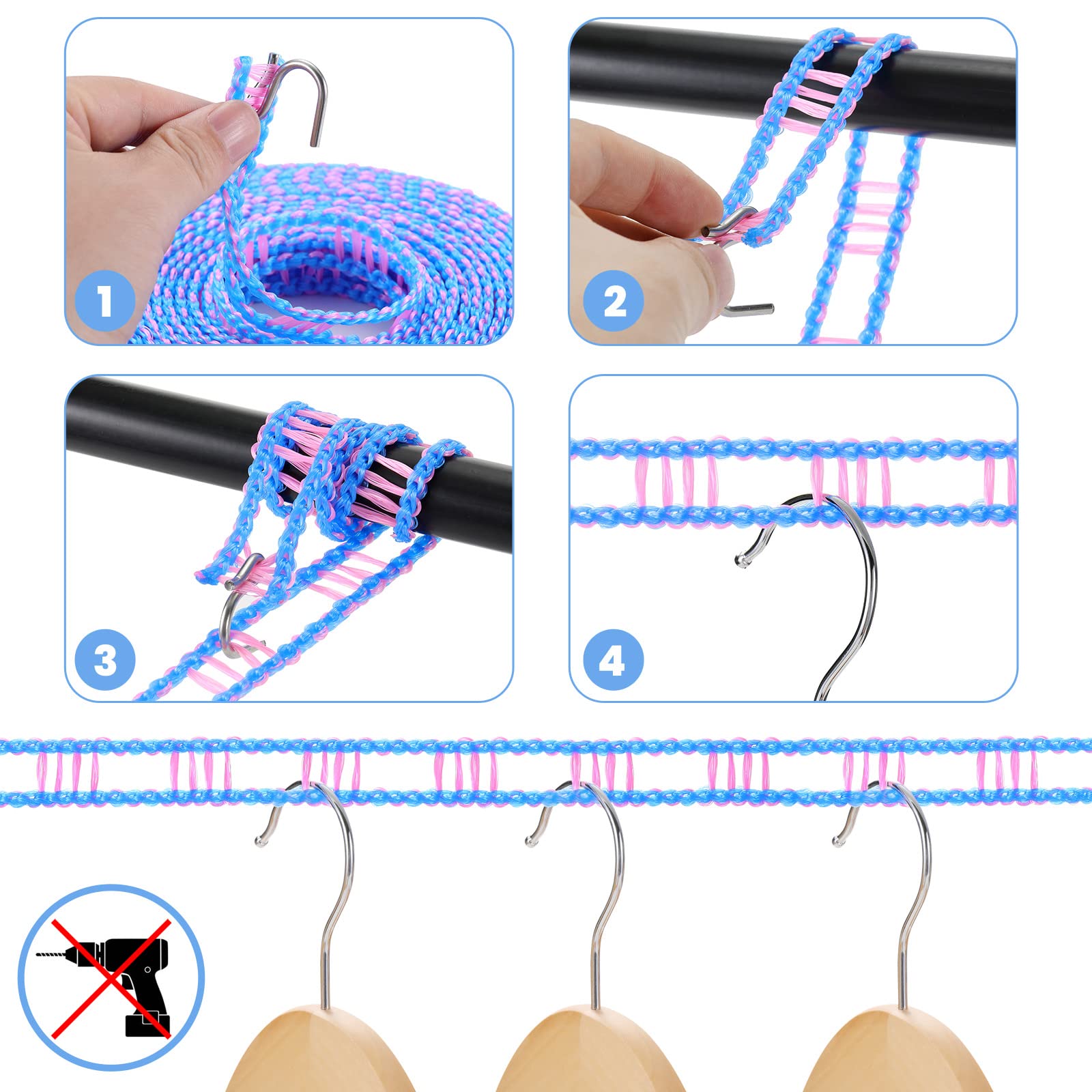 Hisafa 3-Pack Windproof Clothesline With Hooks - Super Strong And Durable, Pe Material, 16Ft - Ideal For Indoor/Outdoor Use & Tr