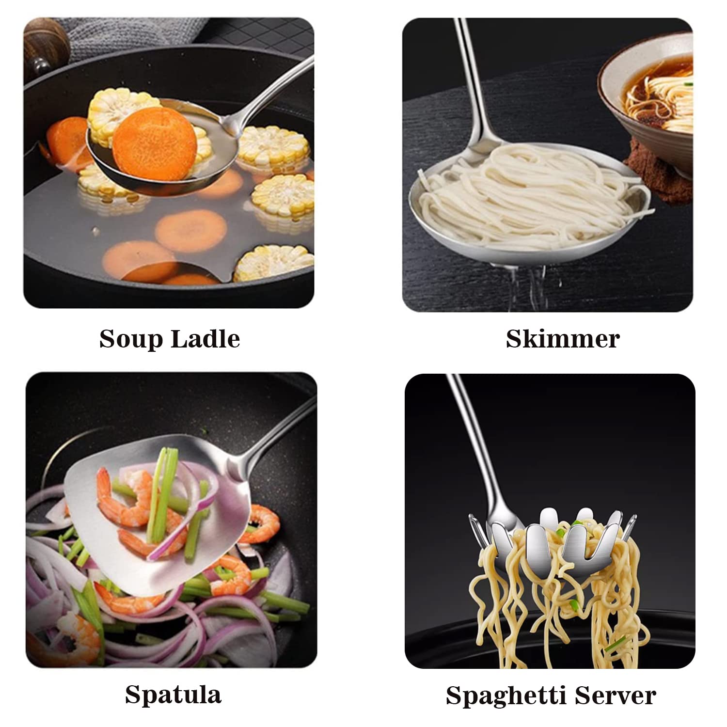 Niitawh 304 Stainless Steel Kitchen Utensils, 9 Pcs Metal Cooking Utensils Set, Solid Spoon, Slotted Spoon, Fork, Spatula, Ladle