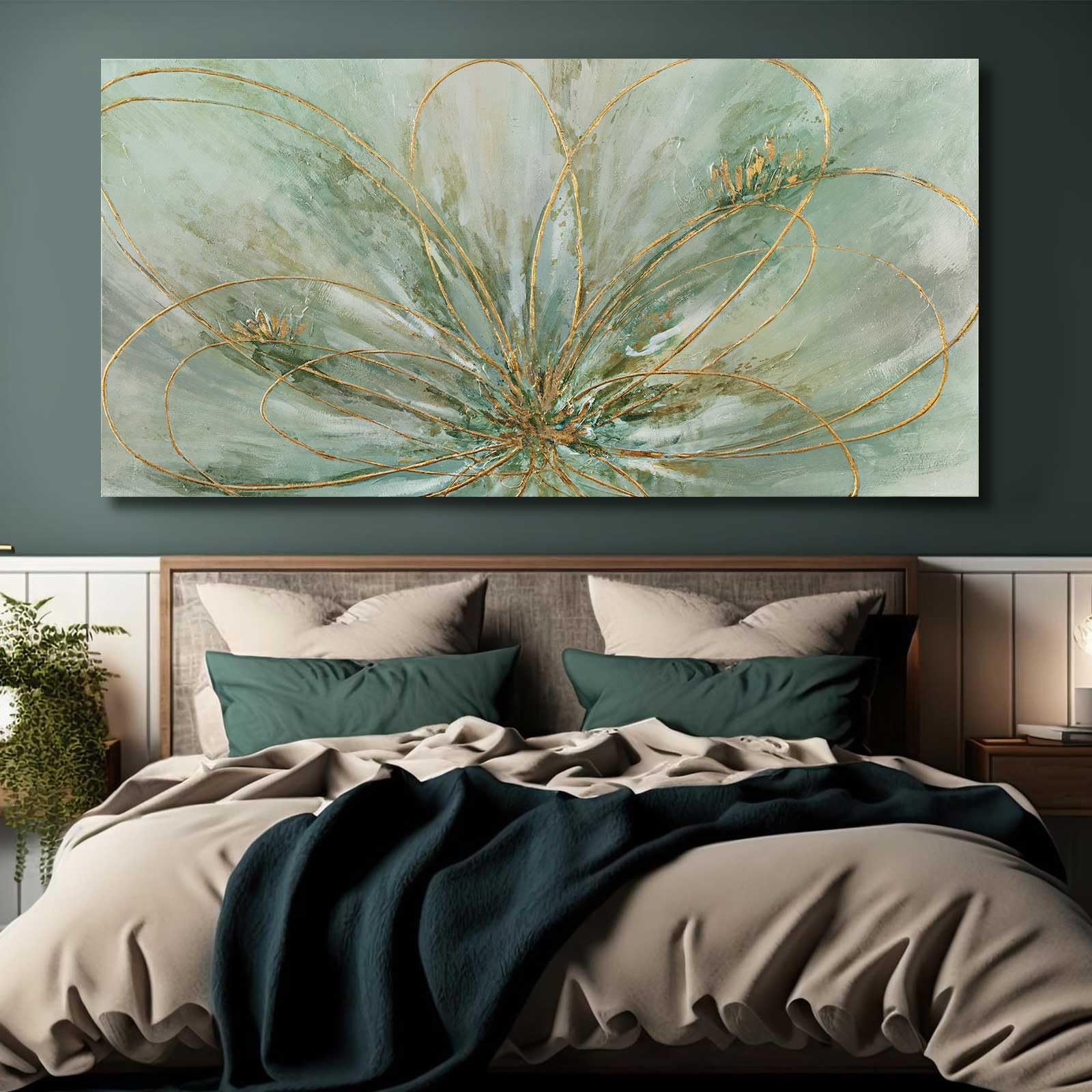 Yjyart Abstract Wall Art Green And Gold Hand Painted Oil Painting Blossom Botanical Large Picture For Living Room Bedroom Kitche