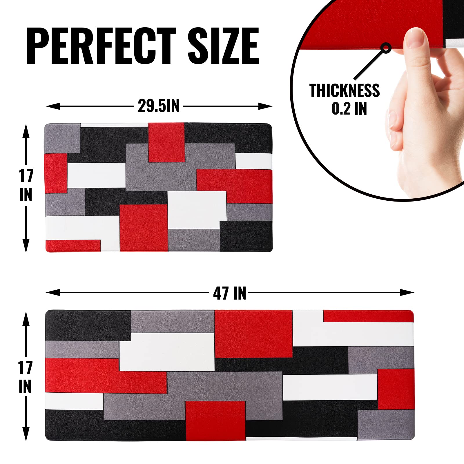 Black,White,Red And Grey Kitchen Rug Set 2 Piece Abstract Geometric Art Cushioned Abstract Modern Mats For Laundry (Geometric Ar