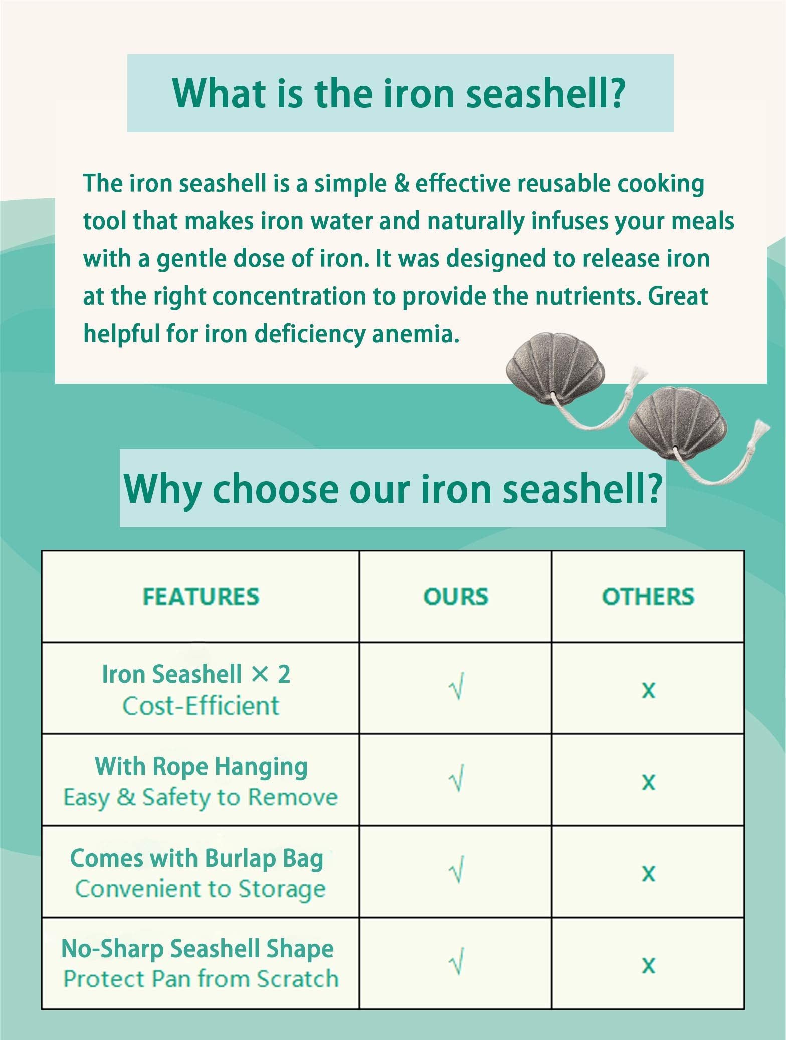 2 Packs Of Iron Seashell With Bag - A Natural Source Of Iron To Reduce The Risk Of Deficiency, An Effective And Safe Cooking Too