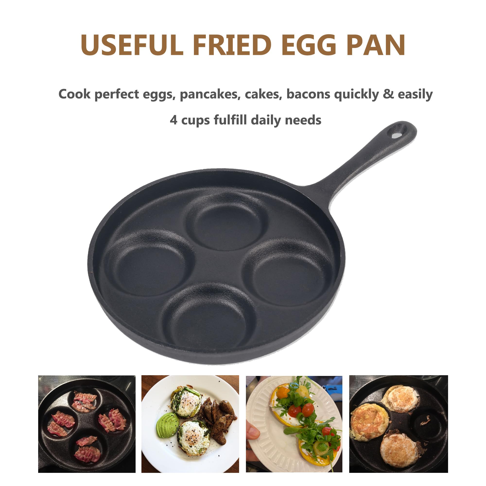 Waykea 4-Cup Cast Iron Fried Egg Pan 9.5    Pancake Pan Burger Omelet Cooker Griddle Egg Skillet For Breakfast, Kitchen Cookware