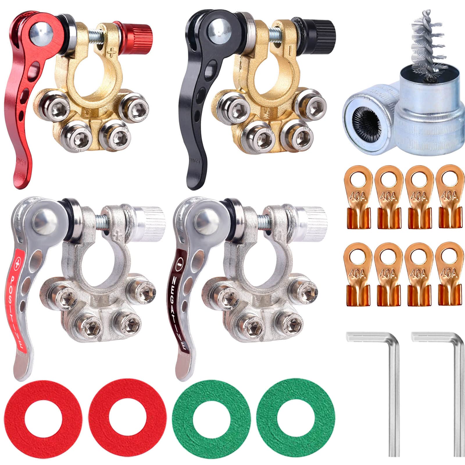 Sunmorn 4 Pieces Battery Terminal Connectors, Battery Terminal Cleaner, Copper Wire Lugs, Fiber Washers, Hex Wrench, Battery Ter