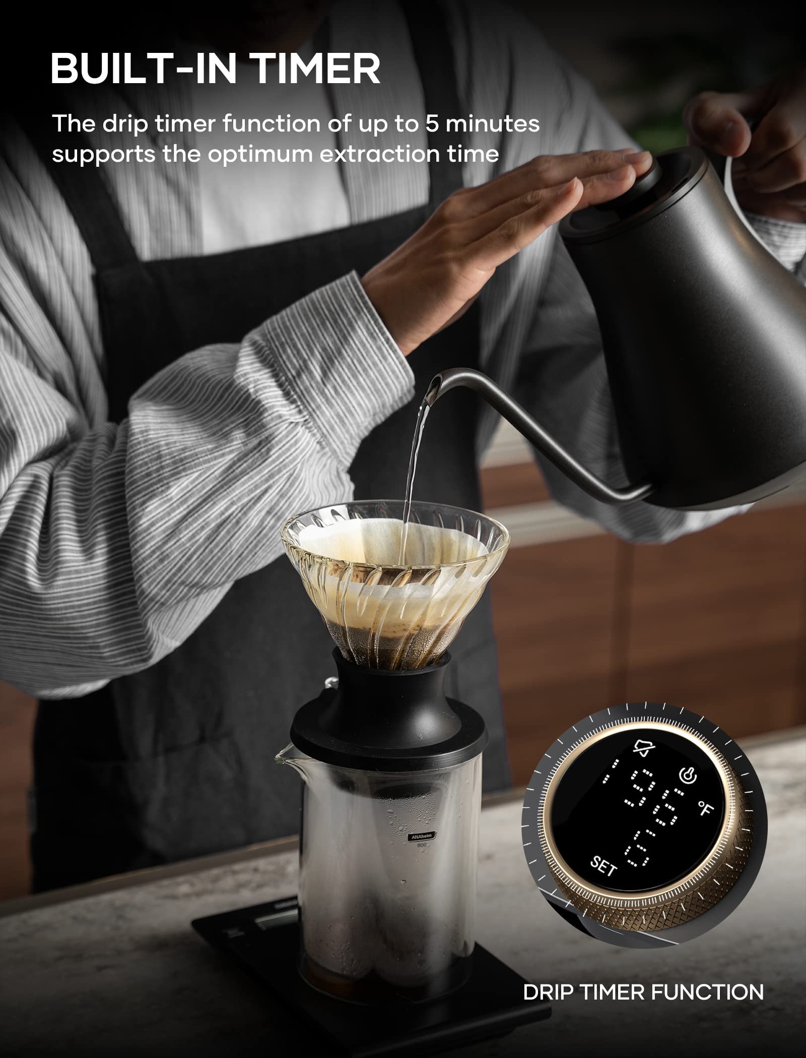 Cocinare Electric Gooseneck Kettle With Temperature Control, Pour Over Coffee & Tea, 1200W For 180-Sec Quick Boil Time, Stainles