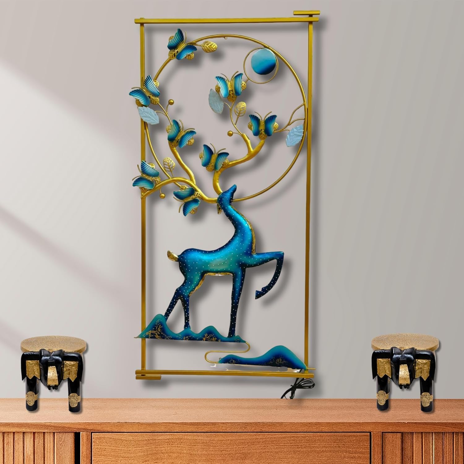 MANMOHINI CREATIONS Deer And Butterfly With LED Metal Frame Wall Dcor Entrance/Wall Hanging For Living Room, Bedroom, Home Offic
