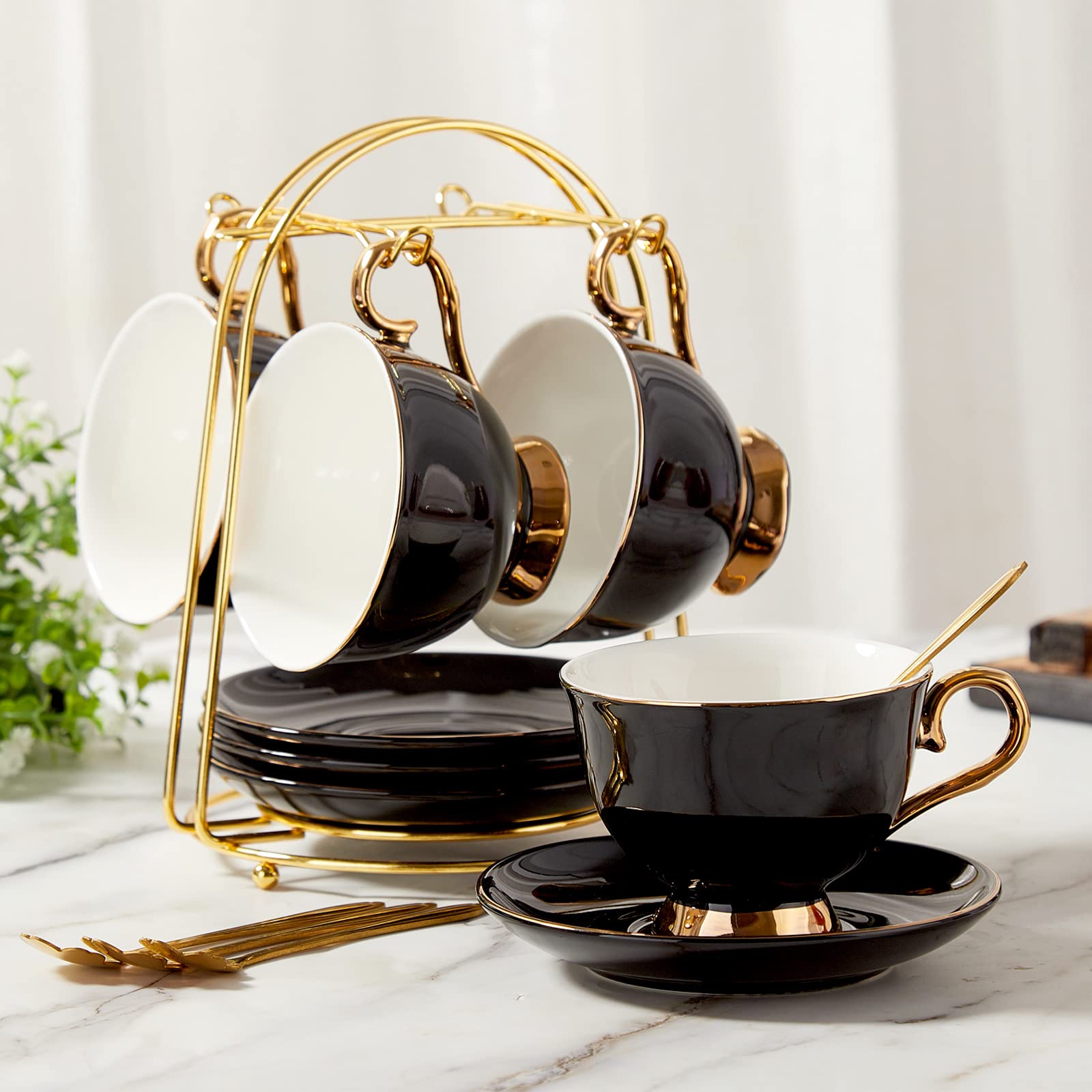 Dujust Tea Cups And Saucers Set Of 4 (7.4Oz), Luxury Tea Cup Set With Golden Trim, Black Coffee Cups With Metal Stand, British P