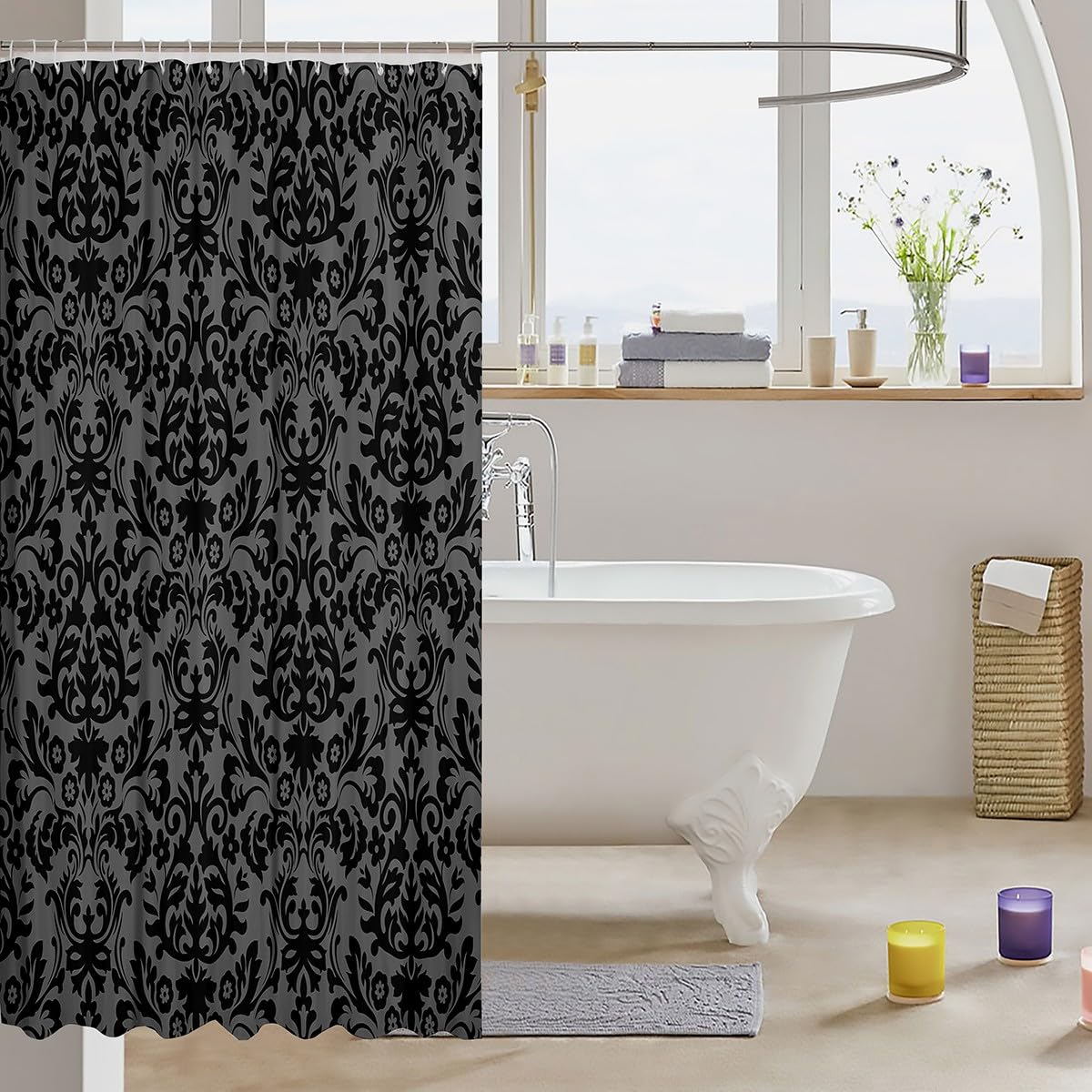 Adults Black Damask Shower Curtain Antique Victorian Baroque Bathroom Curtain 72'' Wx72 L Gothic Vintage Floral Bathroom Accesso