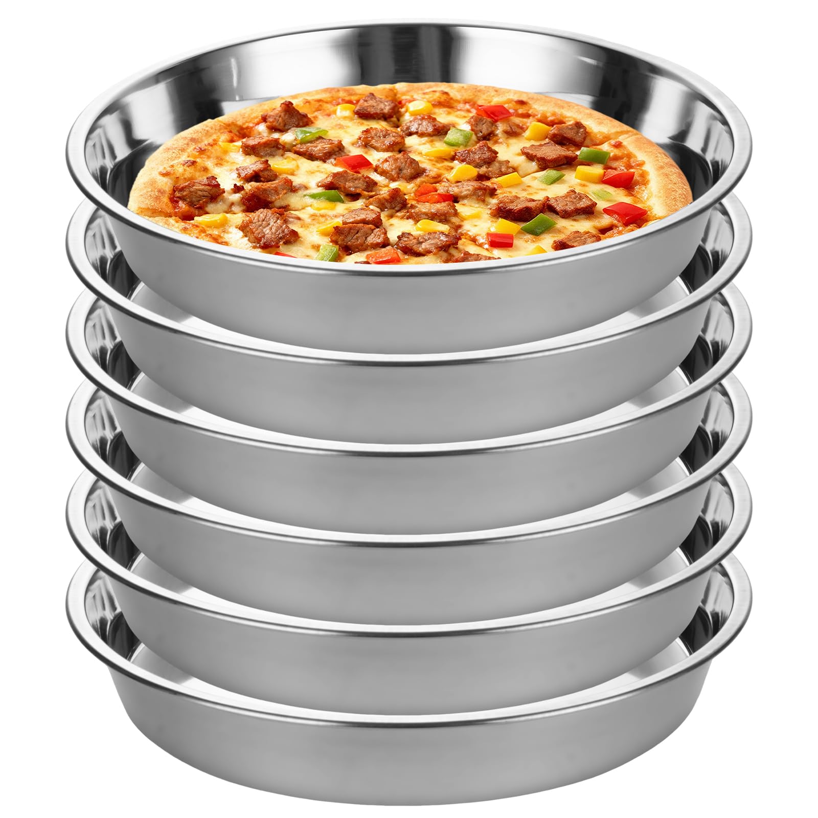 LANIAKEA 6 Pcs Pizza Pan, 12in Stainless Steel Baking Trays for Oven, Round Deep Dish Pizza Tray with 1.57in Rim for Pie, Snacks