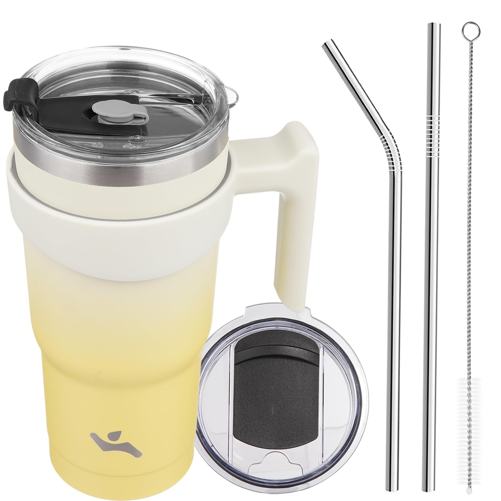Konokyo 20 oz Tumbler with Handle and 2 Straw 2 Lid, Insulated Water Bottle Stainless Steel Vacuum Cup Reusable Travel Mug,Lemon