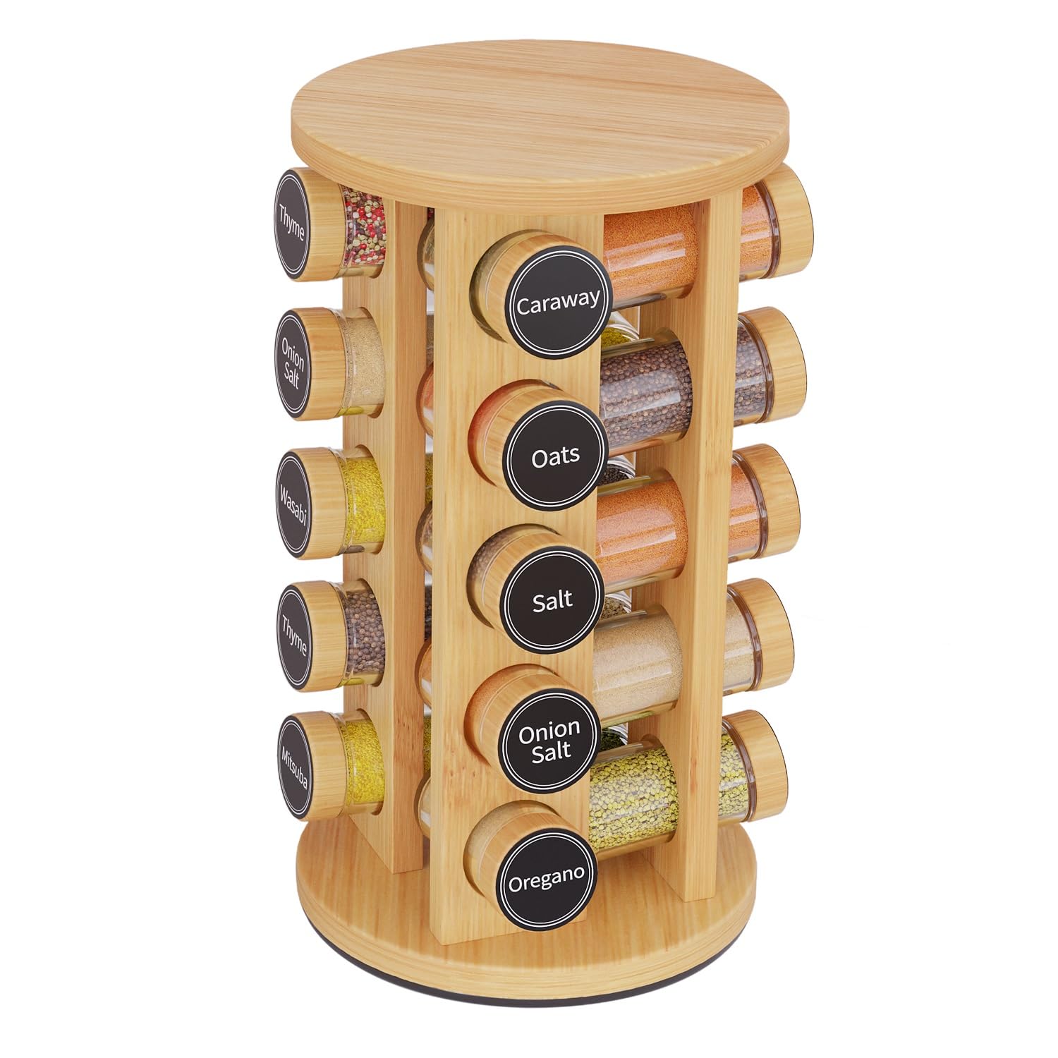 New England Stories Revolving Spice Rack Set with 20 Spice Jars, Kitchen Spice Tower Organizer for Countertop or Cabinet - Carou
