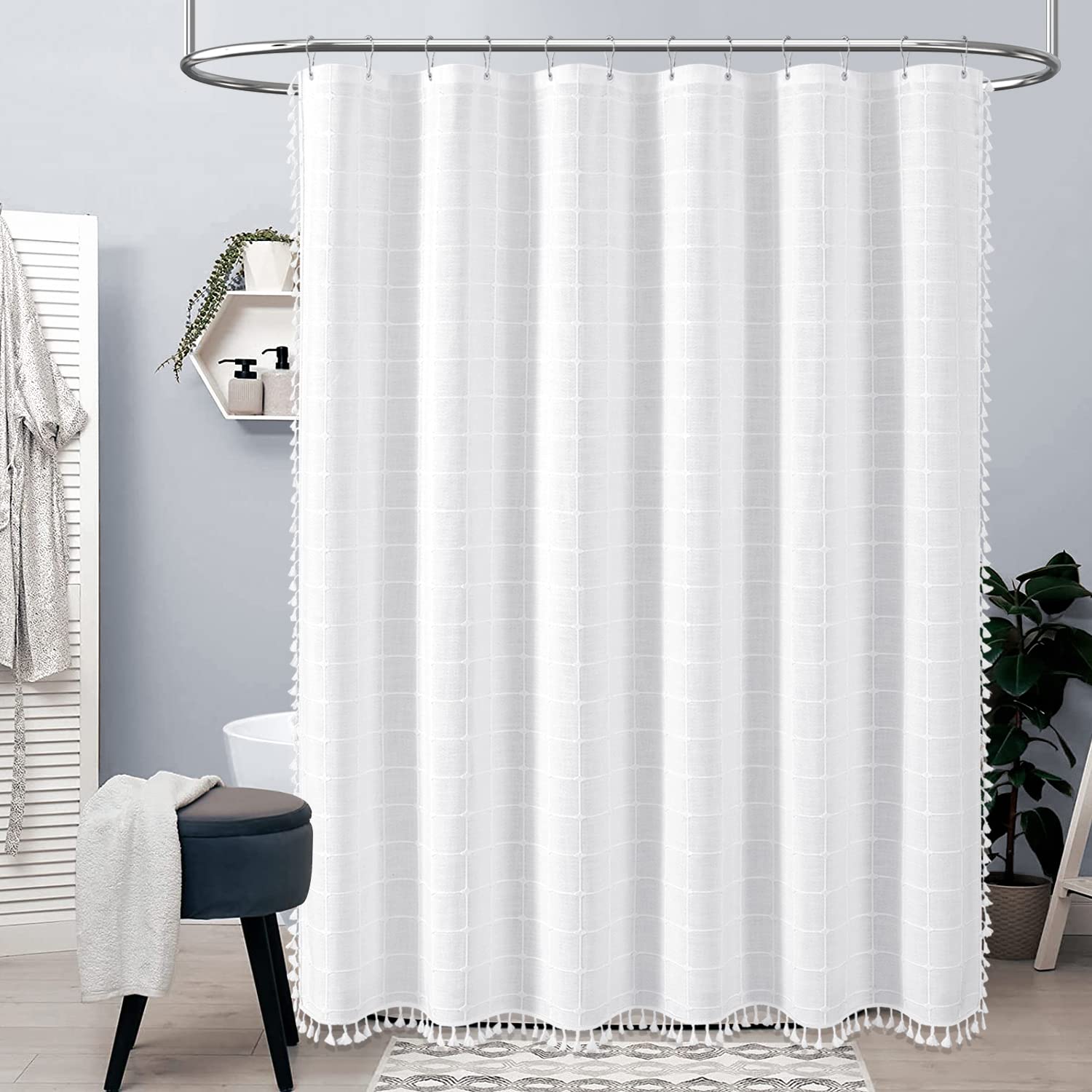 BTTN Boho Farmhouse Shower Curtain  Linen Rustic Heavy Duty Fabric Shower Curtain Set with Tassel  Bohemian Country Ultra Thick Shower Curtain for Bathroom  Wrinkle Free  Water Repellent  White  72x72