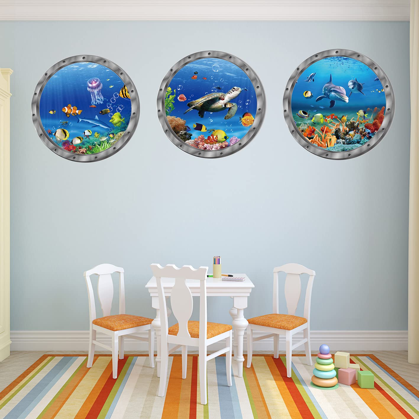 Ocean Animals World Under Sea Decor Includ Sea Turtles Dolphins Fishes 3 Pcs Removable 3D Peel And Stick Vinyl Stickers For Bath