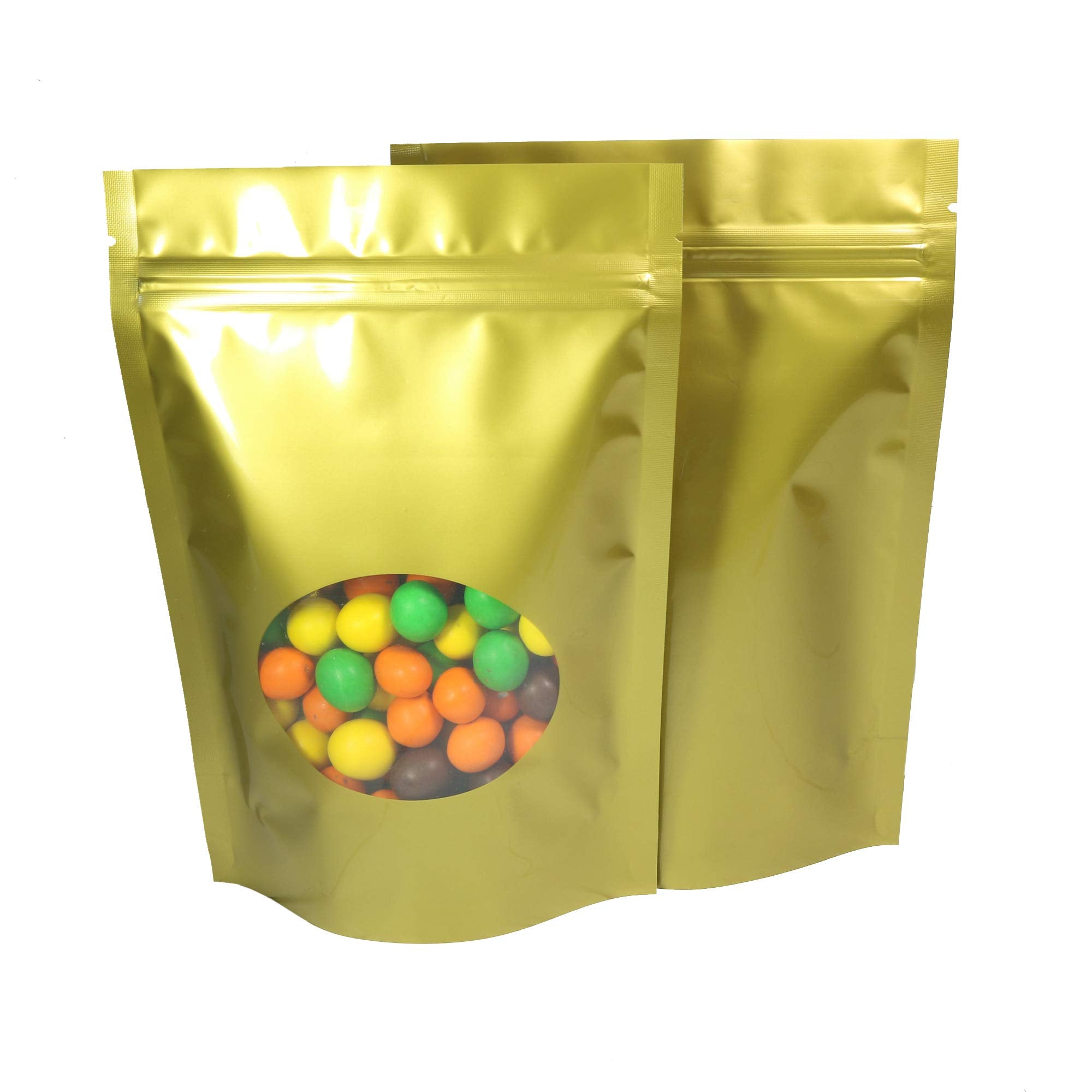 Double-Sided Matte/Glossy Color with Clear Round Window Stand-Up Pouch (100 Bags/Pack) (6.3 x 8.7, Glossy Gold)