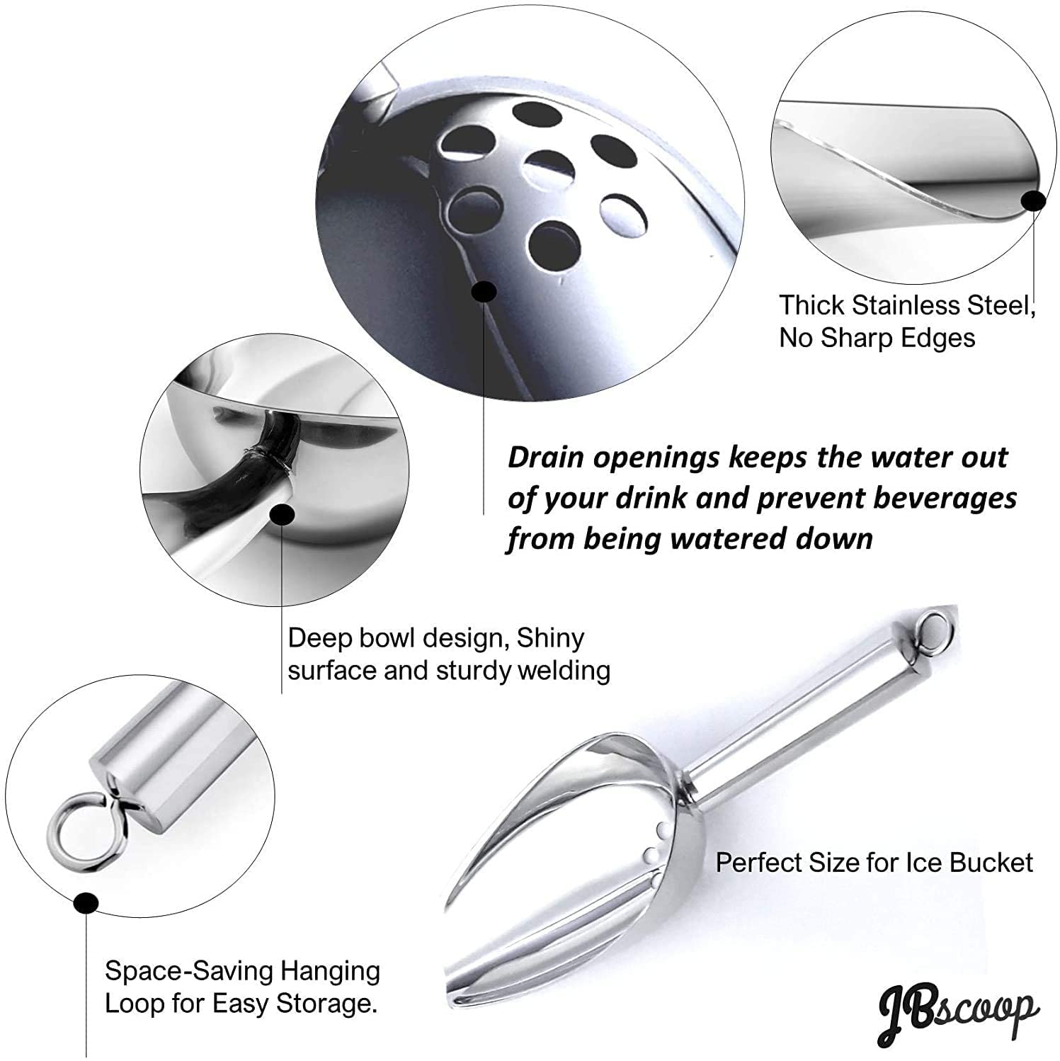 Jbscoop Large Ice Scoop With Holes. Stainless Steel Ice Scoop With Drain Holes To Reduce Unwanted Dilution. Heavy Duty And Dishw