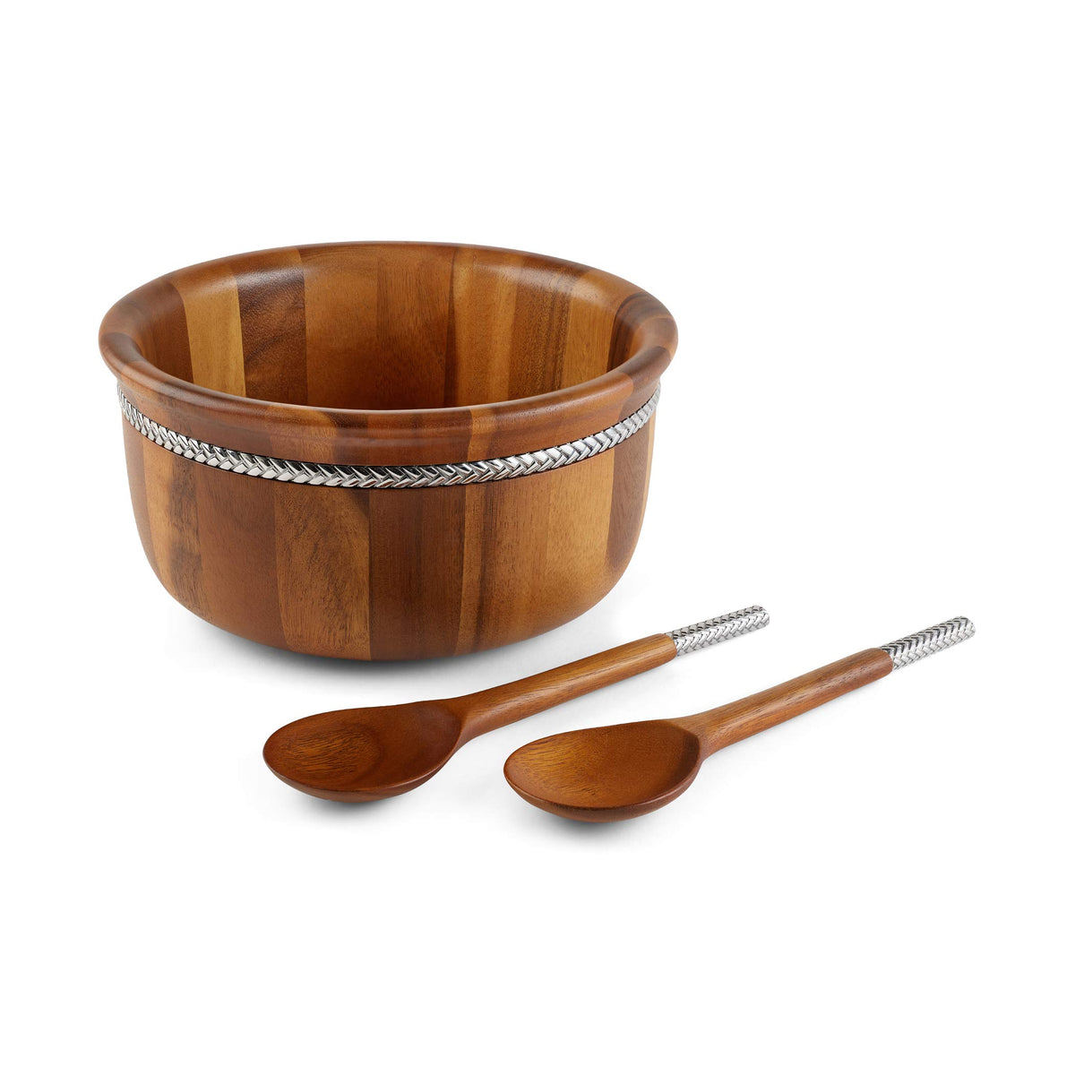 Nambe Braid Round Wooden Salad Bowl 3 Piece Set | 11-Inch Salad Bowl With Serving Utensils | Acacia Wood And Chrome Plate Salad