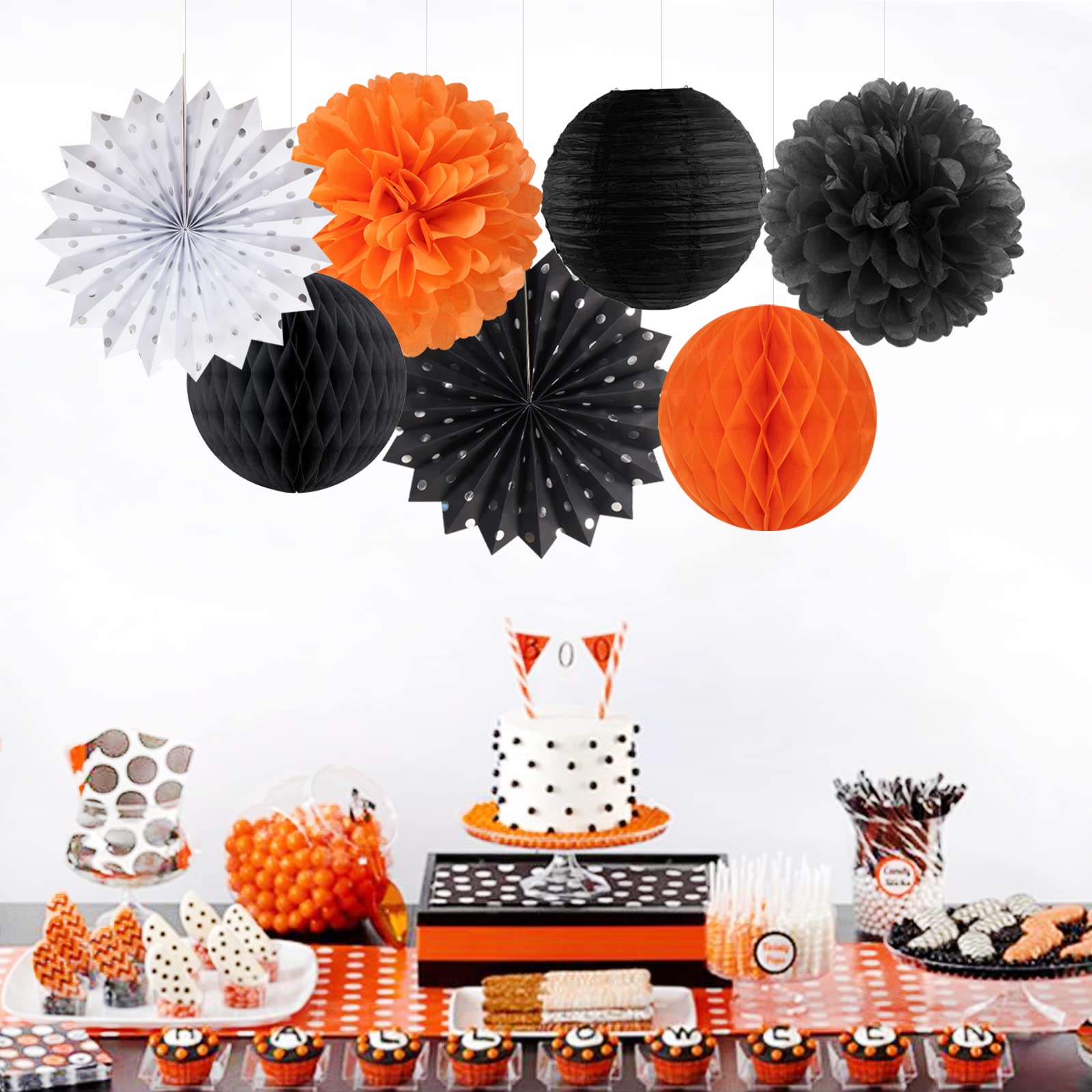 Black Orange White Halloween Party-Decorations - 14Pc Kit Paper Lanterns Fan,Tissue Flower Pom Poms Streamers,Honeycomb Balls,Gr