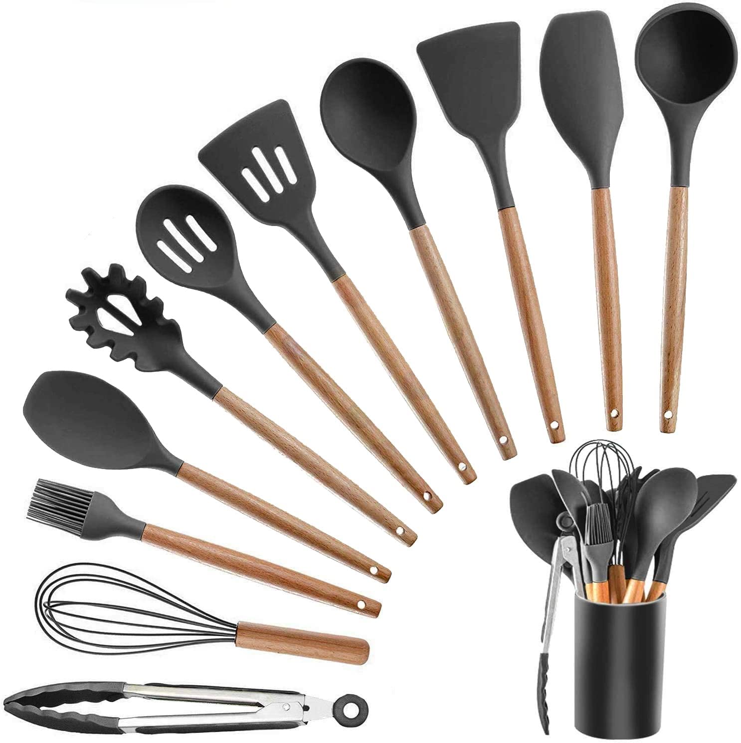 Queue NonStick Silicone Spatula & Kitchen Utensil Set For Cooking, Baking & Mixing With Wooden Handle & Utensil Holder | FoodG