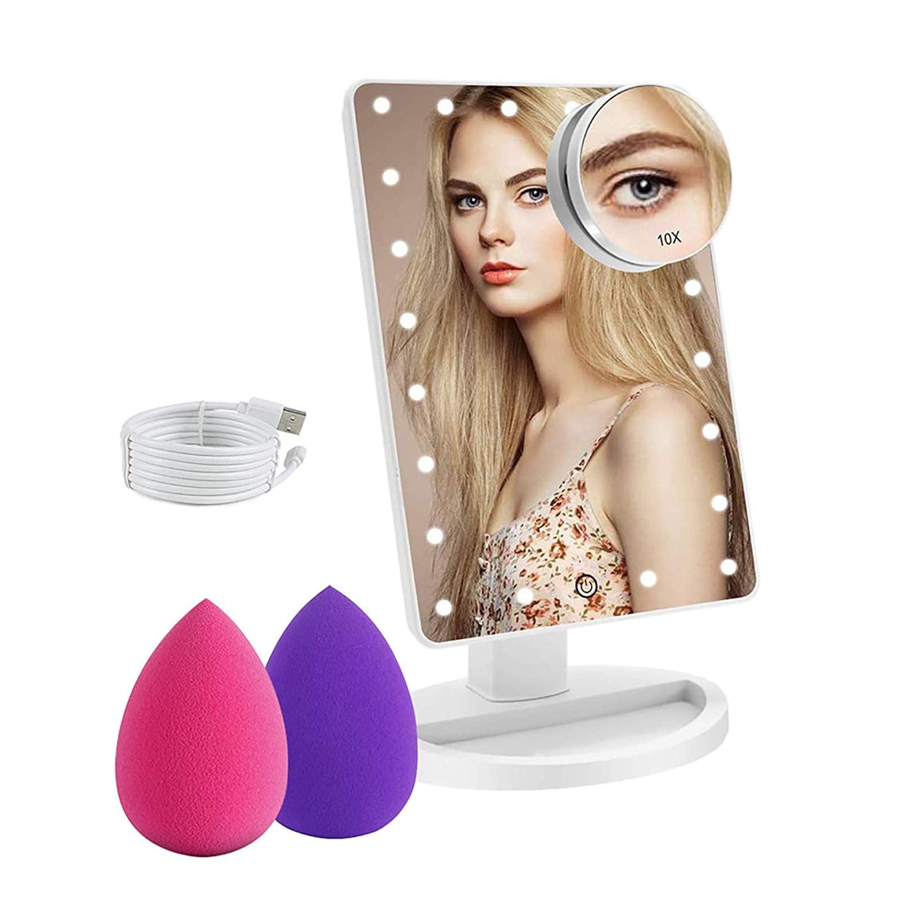 Cosmirror Lighted Makeup Vanity Mirror With 10X Magnifying Mirror And Makeup Sponge, 21 Led Light Up Mirror With Touch Sensor Di