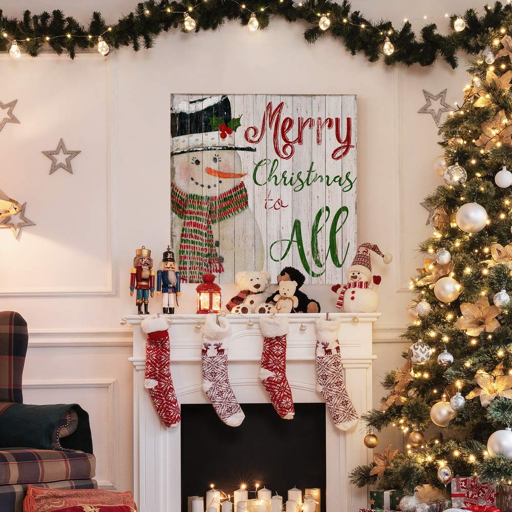 Renditions Gallery Merry Christmas To All Snowman Wall Art, Winter Artwork, Vintage Faded Faux Wood Design, Premium Gallery Wrap