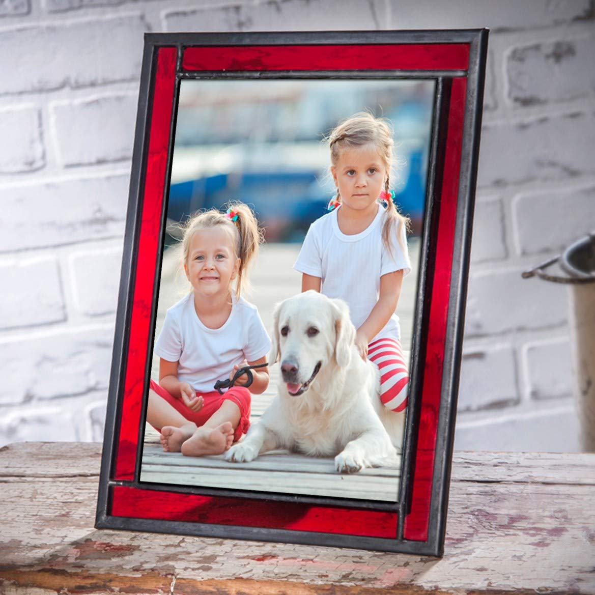 Red Stained Glass Picture Frame for Home D  cor, Office, Desk, Table Top 5x7 Photo Horizontal Vertical Easel Back Series J Devli