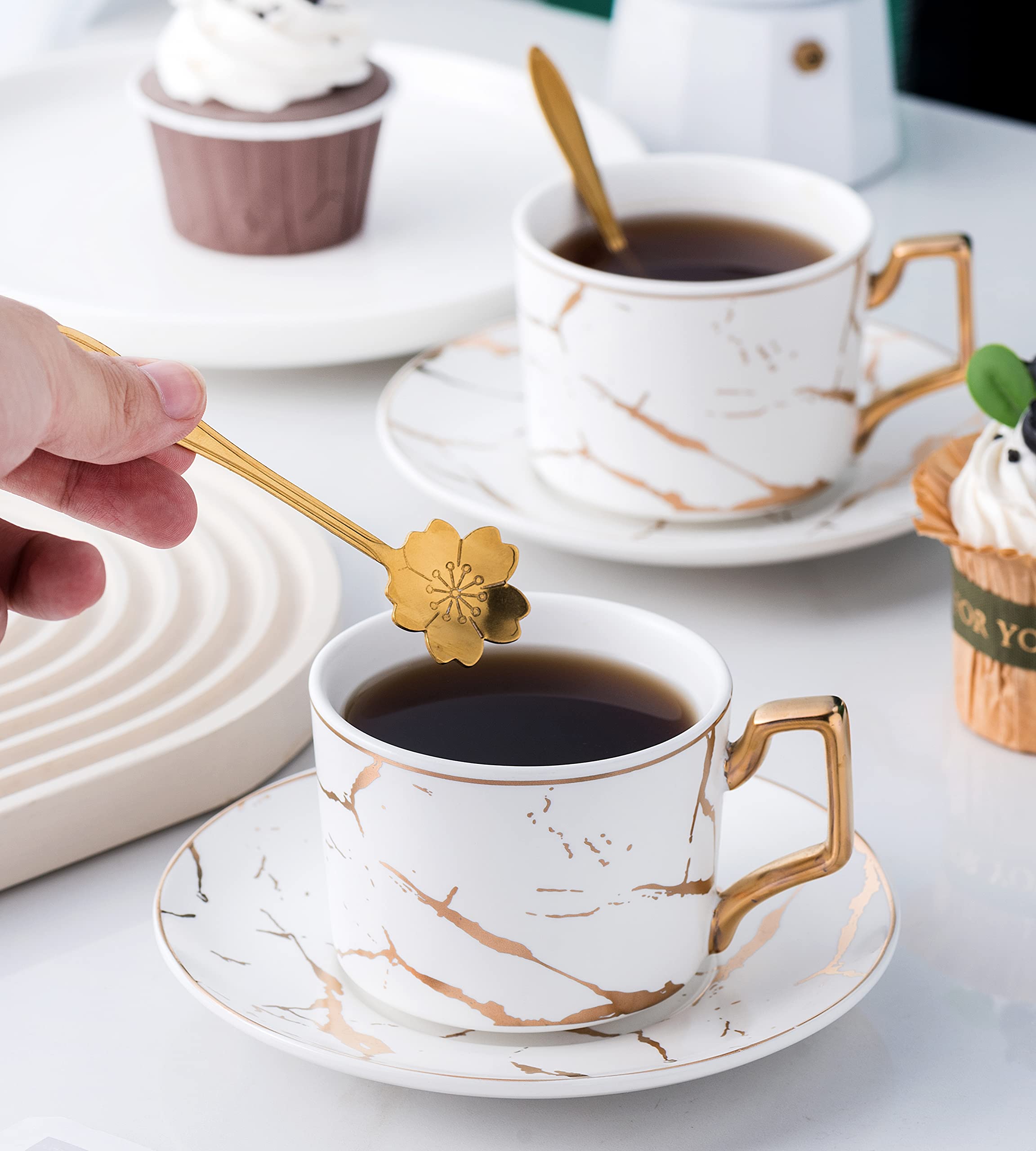 Jusalpha Serve Of 4- Hand Printed Golden Matte Ceramic Marble Tea Coffee/Tea Cups With Spoons And Cup Holder, 7Oz -Tcs26 (White/
