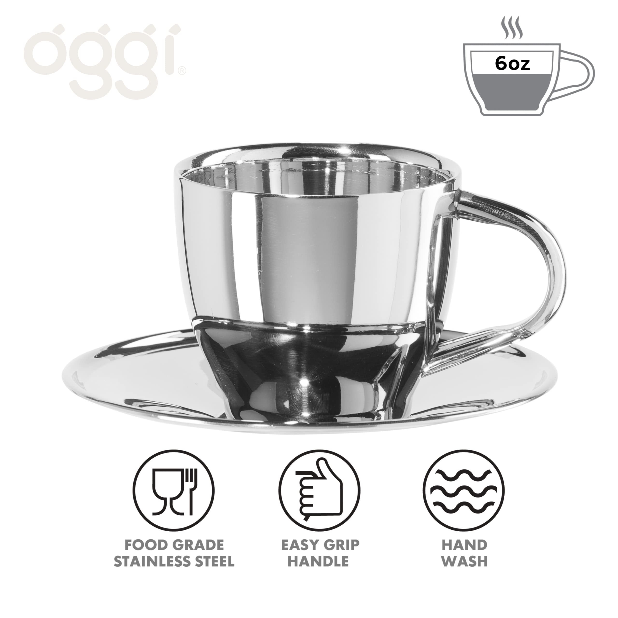 Oggi Insulated Coffee Cups 6Oz - Saucer Included - Dual Wall Stainless Steel Technology Coffee Or Tea Cup With Elegant Mirror Fi
