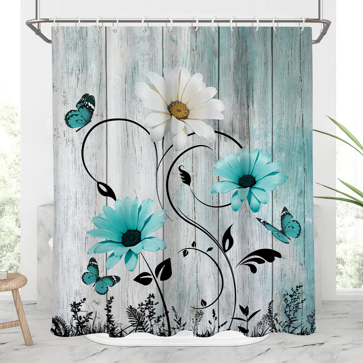 Aatter Teal Aqua Turquoise Shower Curtain, Wood Butterfly Daisy Rustic Blue Floral Flower Farmhouse Wooden White Country Black V