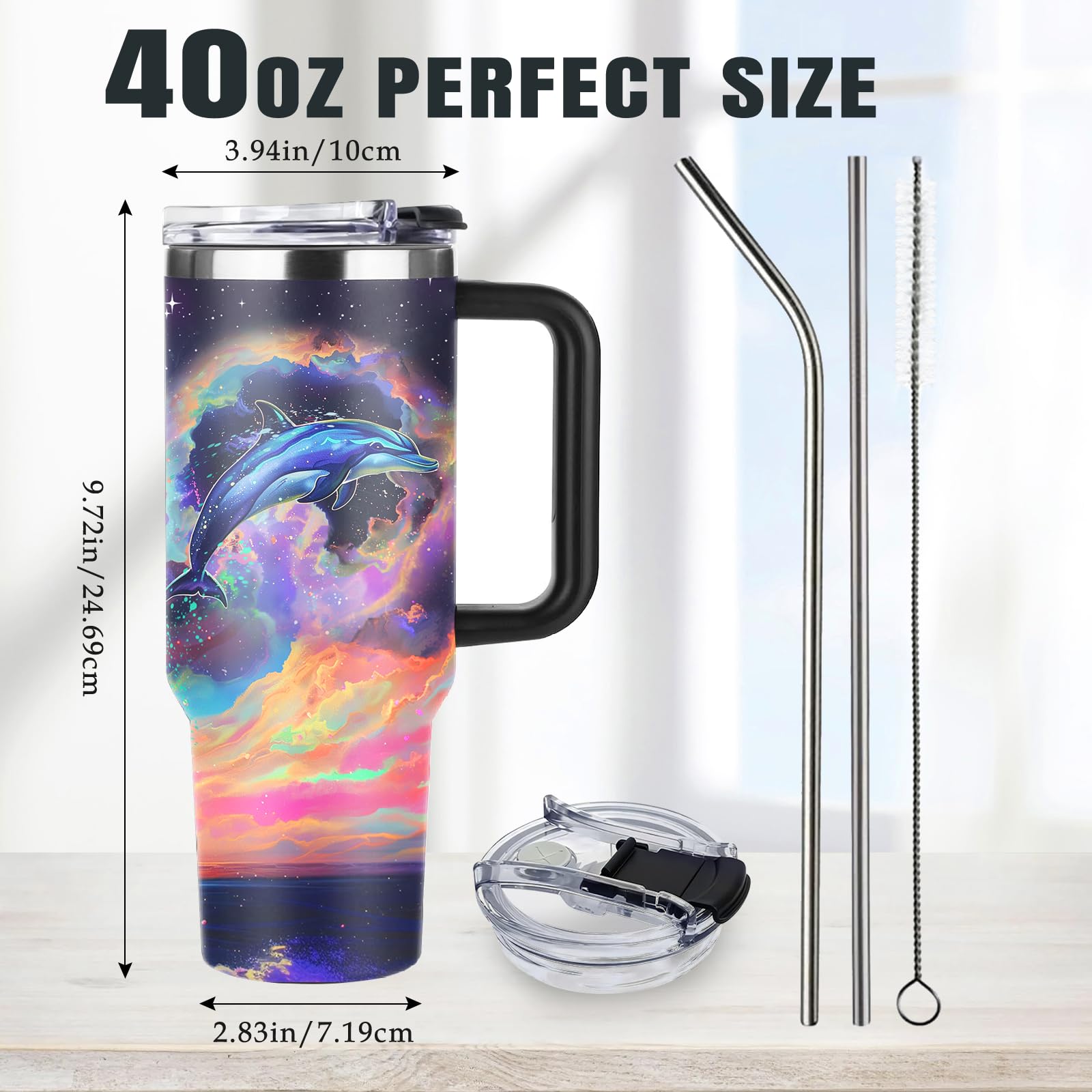 HYMONA Dolphin Tumbler 40 OZ Ocean Themed Vacuum Insulated Travel Mug, Blue Ocean Dolphin Gift Coffee Cup for Marine Lovers Chri