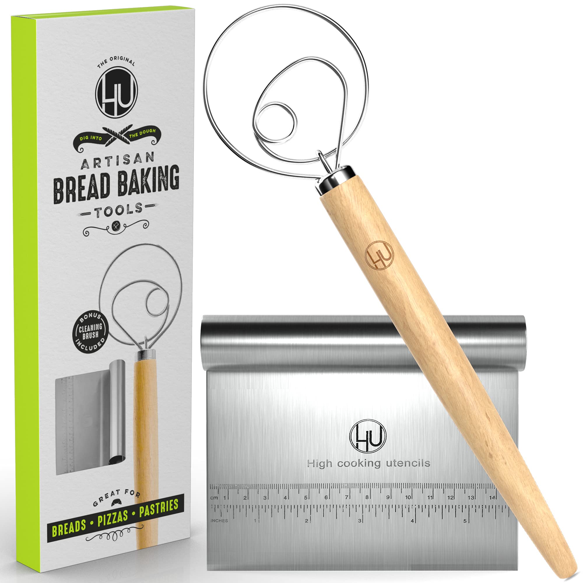 Bread Making Tools And Supplies - Set Of 2 - Danish Dough Whisk And Bench Scraper - Dough Hook With Bread Scraper - Easy To Clea