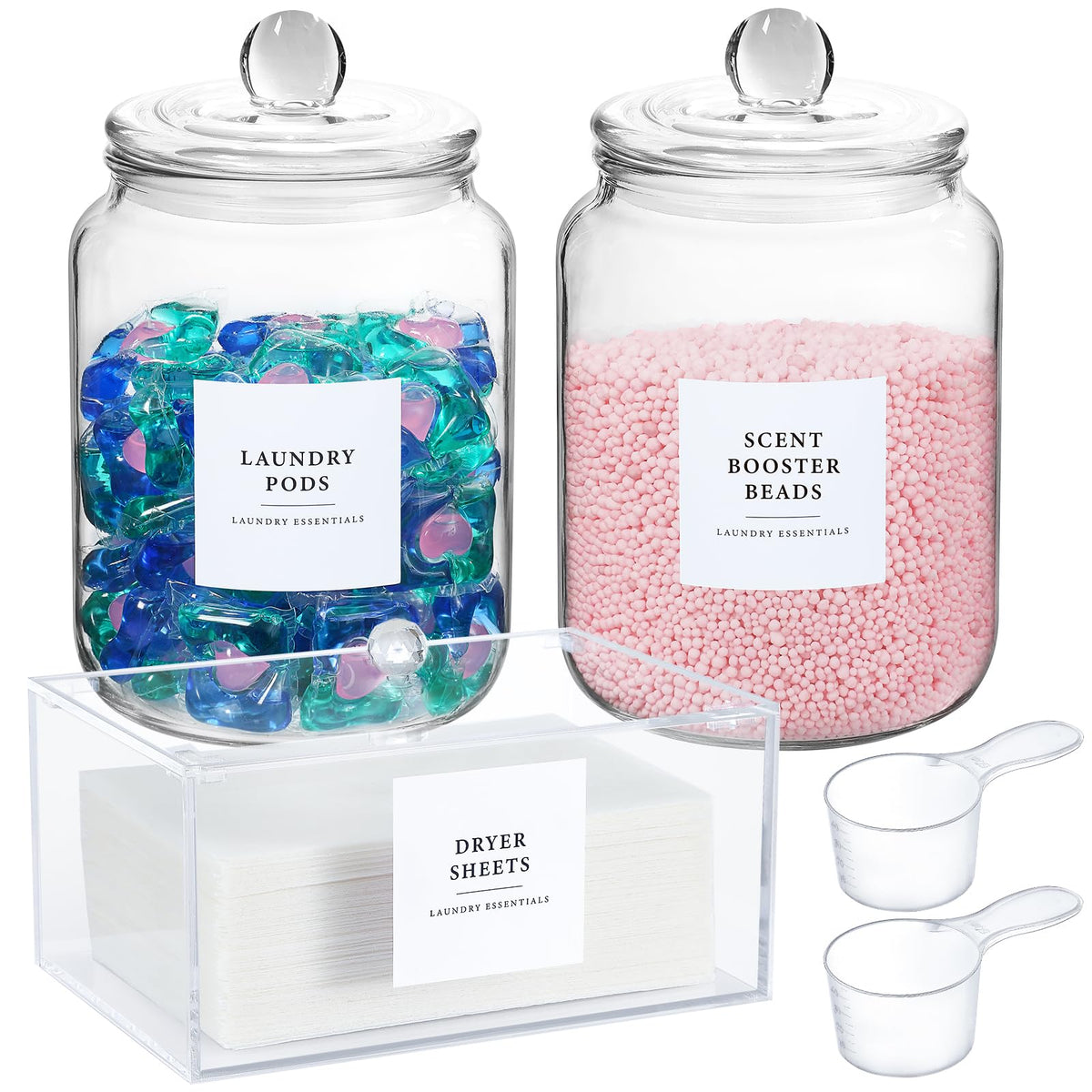 Glass Jars And Dryer Sheet Holder, Dispenser Set With Lids And Labels, Containers For Laundry Room Organization And Storage, Hal