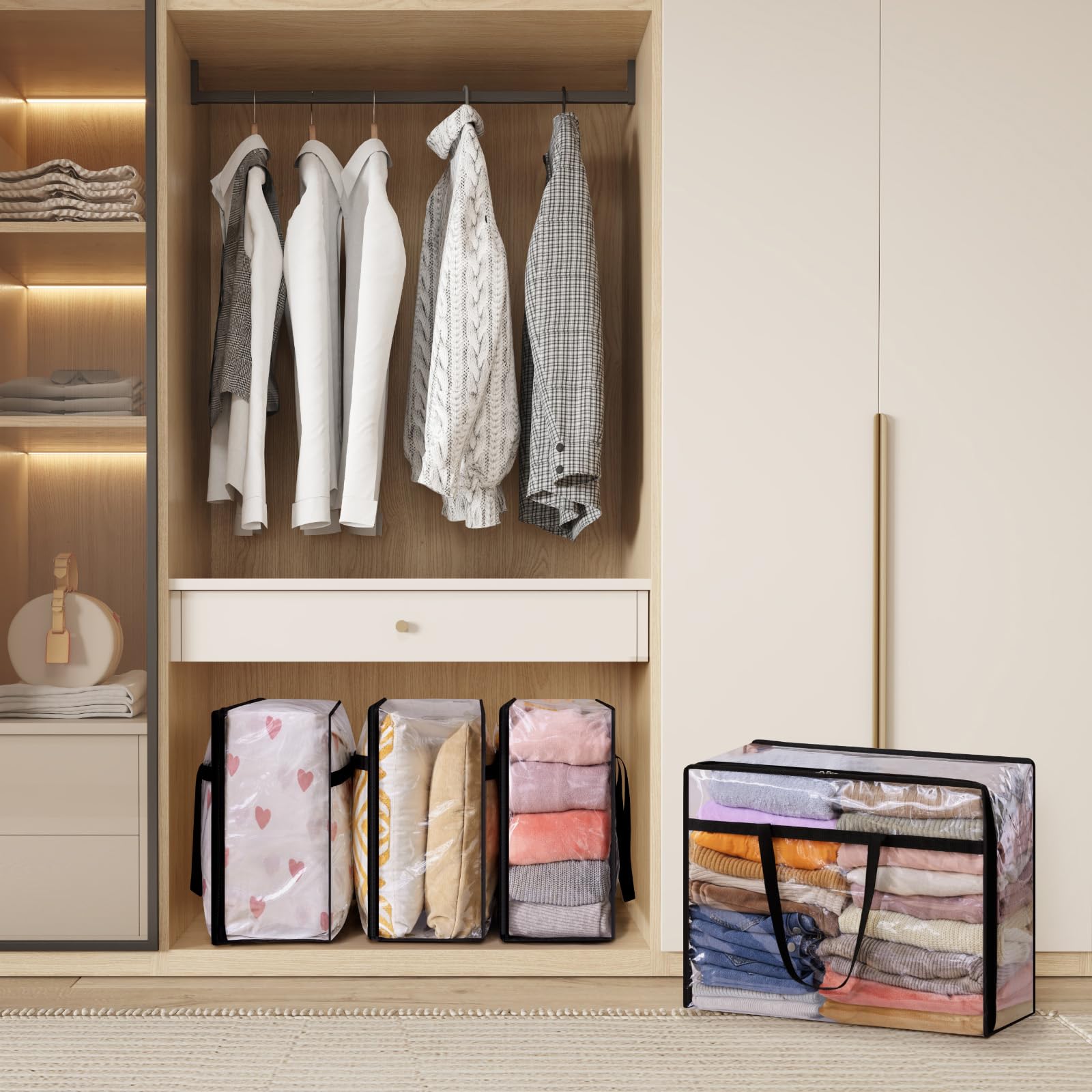 Lifewit 3 Pack Clear Clothes Storage Bags, 75L Large Plastic Blanket Storage, Vinyl Foldable Moving Bags with Zipper, Closet Org