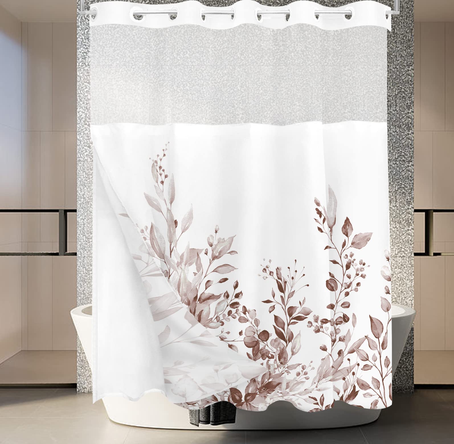 Tititex No Hooks Snap In Liner Rosybrown Eucalyptus Leaves Shower Curtain Sets, Hotel Luxury Double Layers Waterproof Fabric & S