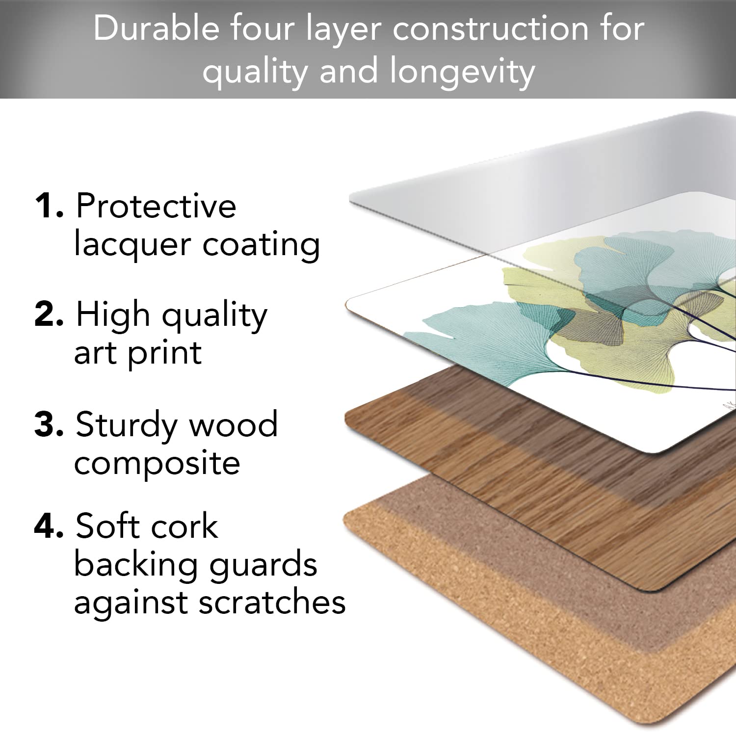 Cala Home Gingko Decorative Hardboard Cork Back Tabletop Placemats 4 Pack Manufactured In The Usa Heat Tolerant And Easily Wipes