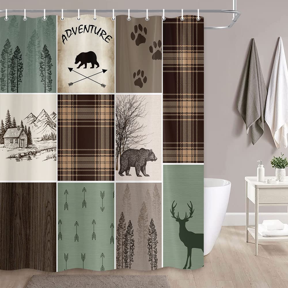 Bzwcbei Cabin Retro Rustic Lodge Shower Curtain, Bear Deer Country Hunting Wild Animal Fabric Shower Curtains, Plaid Check Adven