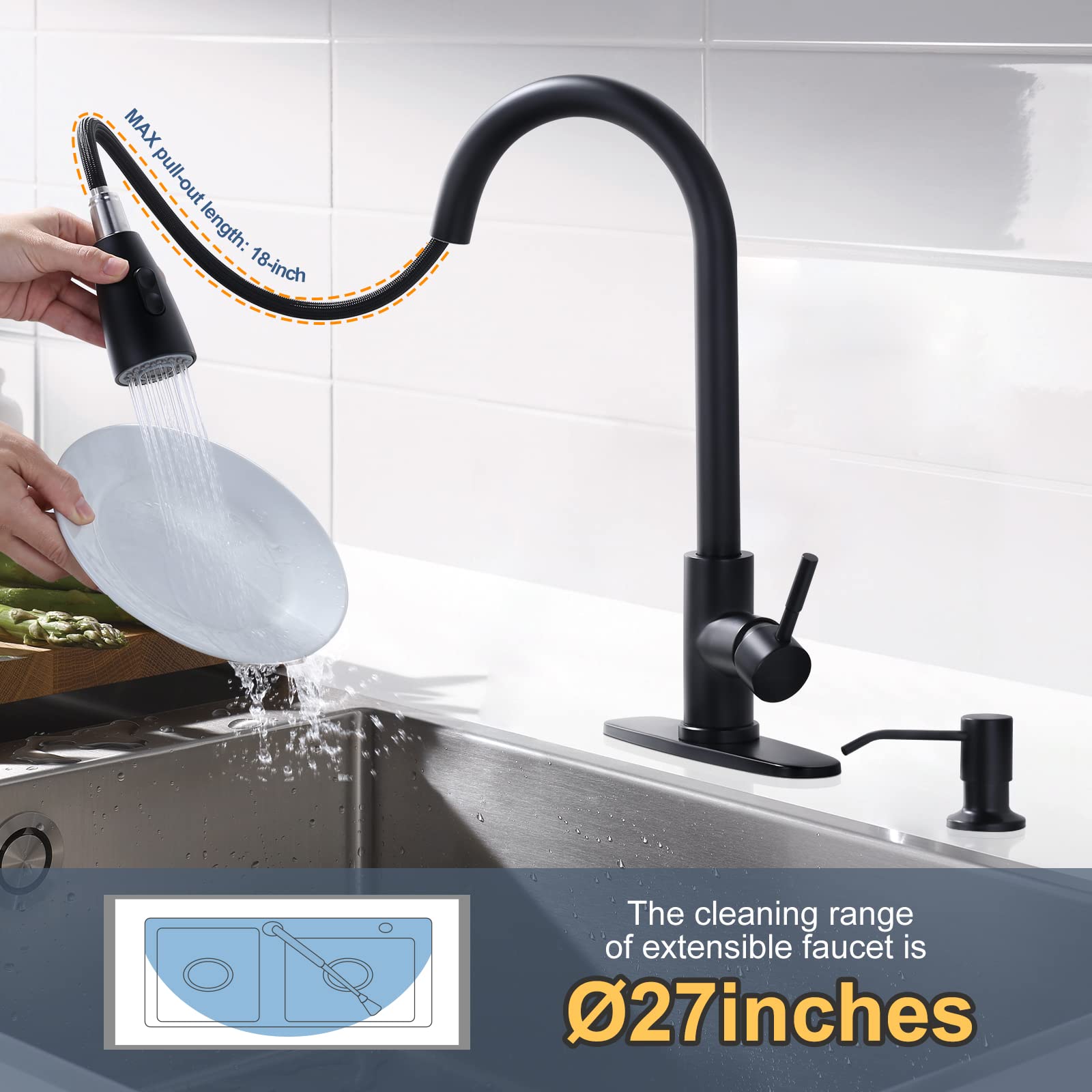 WOWOW Black Kitchen Faucet with Soap Dispenser  Stainless Steel Kitchen Sink Faucet  Matte Black Kitchen Faucet Single Handle High Arc Utility Sink Faucet for Sink  RV  Laundry  Bar