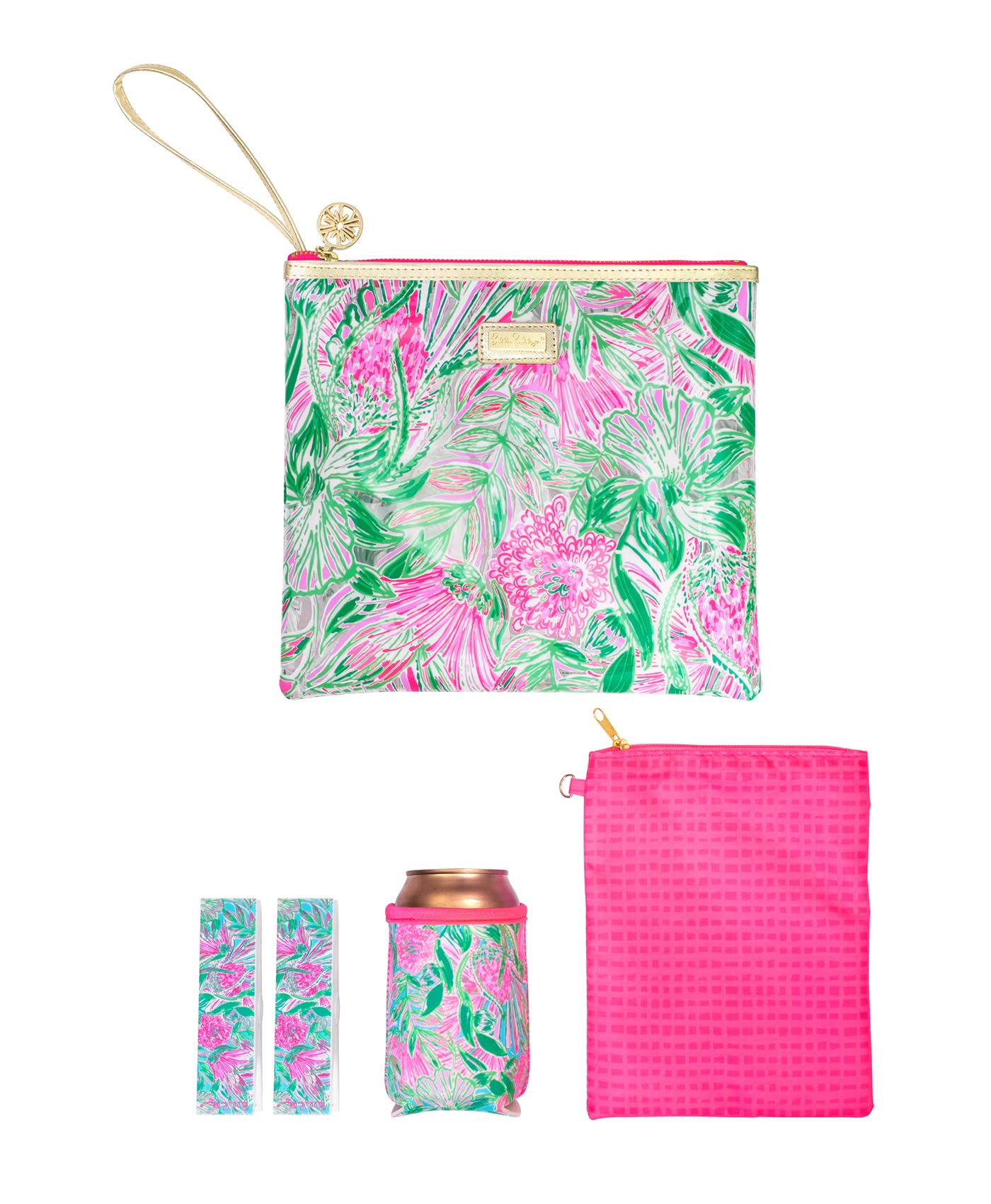 Lilly Pulitzer Water Resistant Vinyl Beach Day Pouch, Zipper Bag Includes Drink Hugger, Small Pouch, And Towel Clips, Coming In