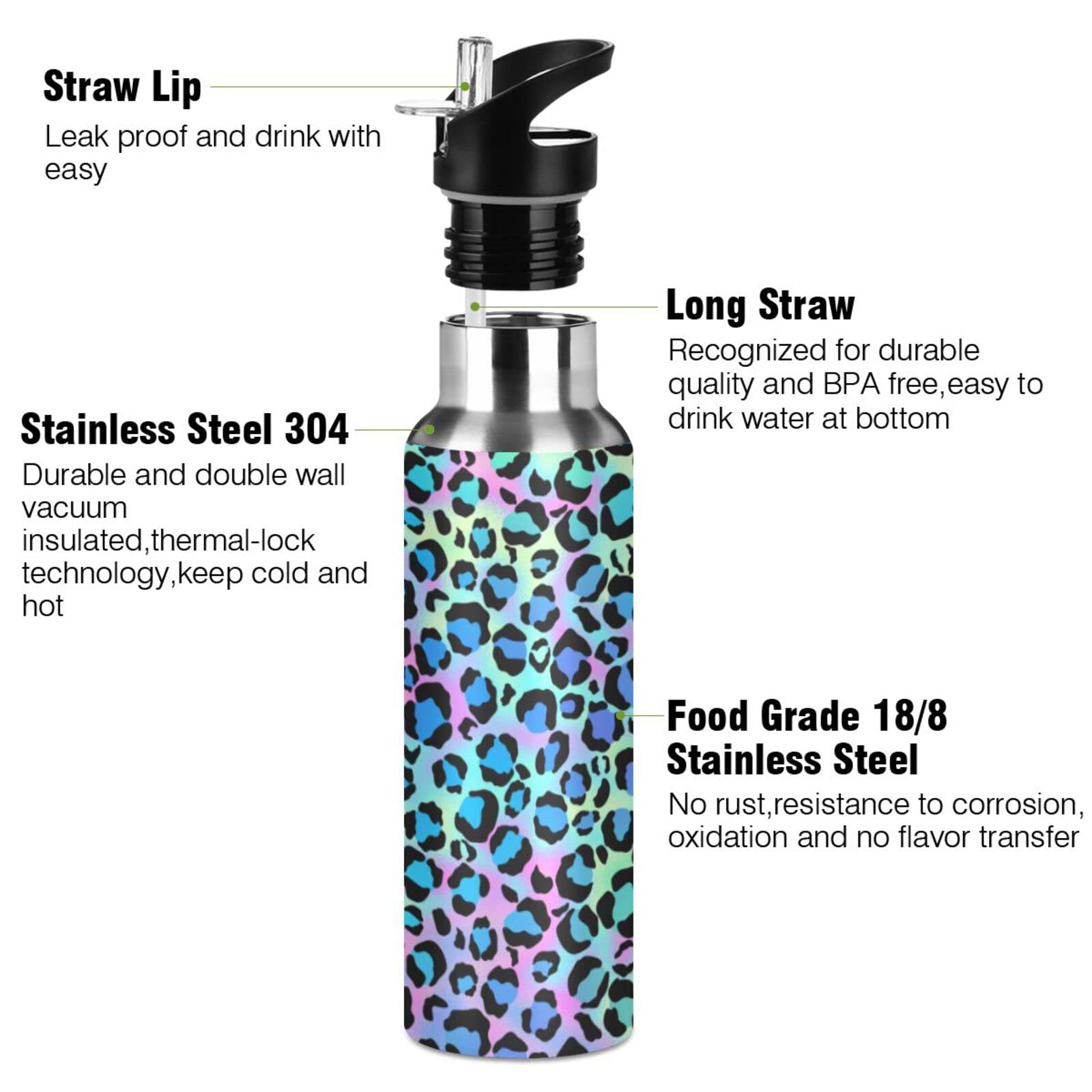 Moudou Leopard Water Bottle With Straw Lid, 33Oz Leakproof Double Wall Vacuum Insulated Stainless Steel Water Bottle For Sports,
