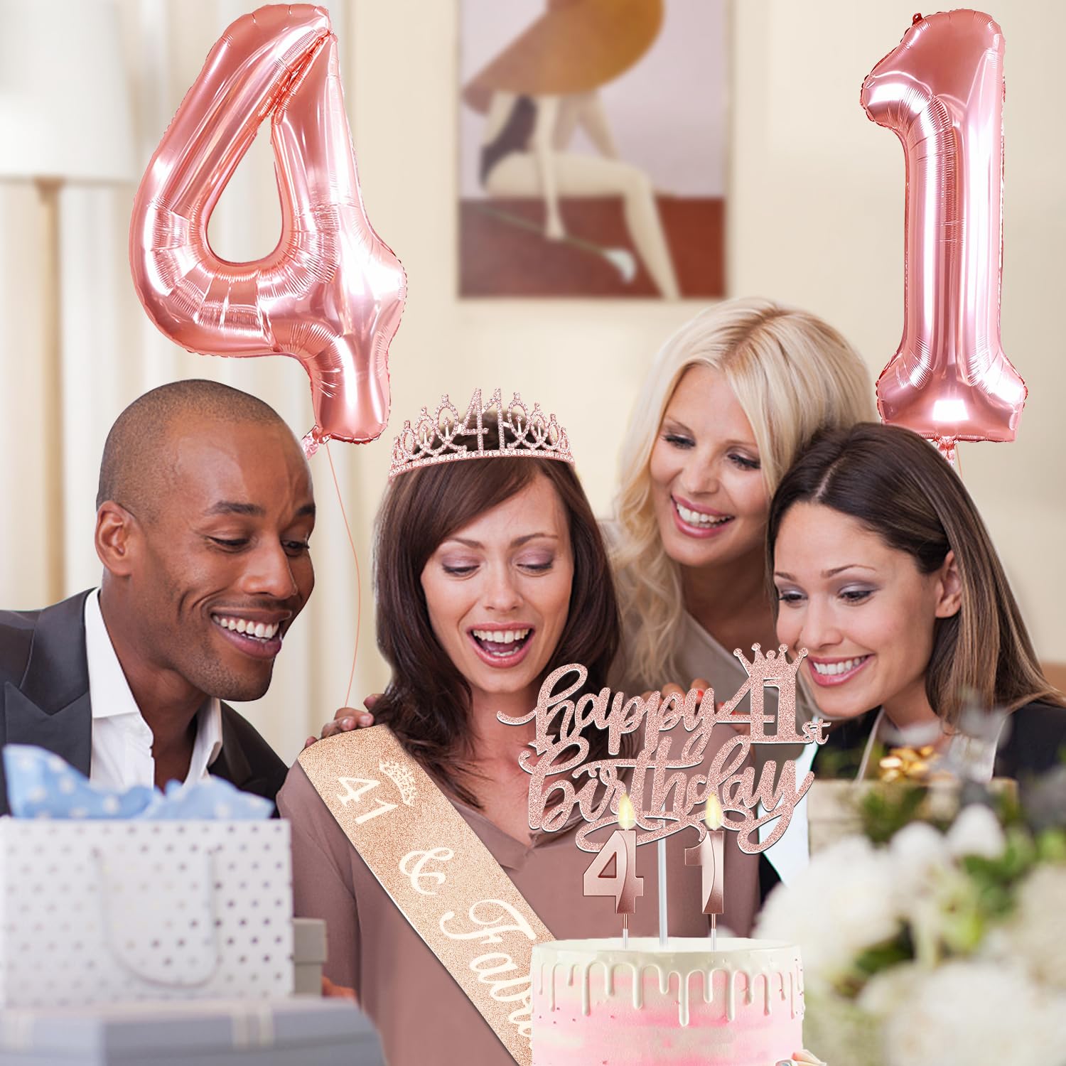 41St Birthday Gifts For Women, Include 41St Birthday Sash And Tiara, Birthday Cake Topper And Number 41 Candles, Big 41 Balloons